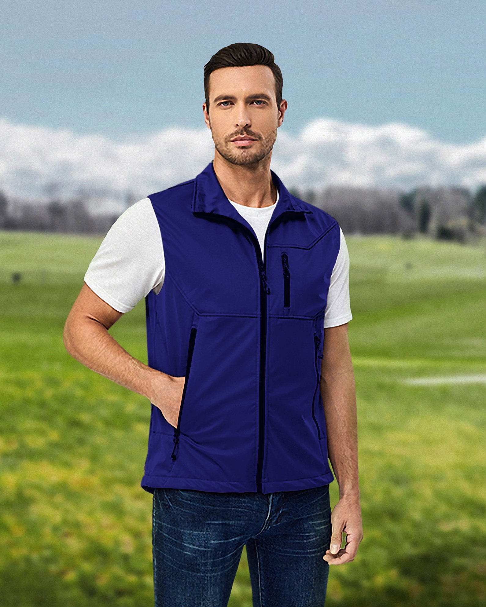 Men's pure navy Lightweight Softshell Vest Sleeveless Jacket for Golf Windproof Waterproof