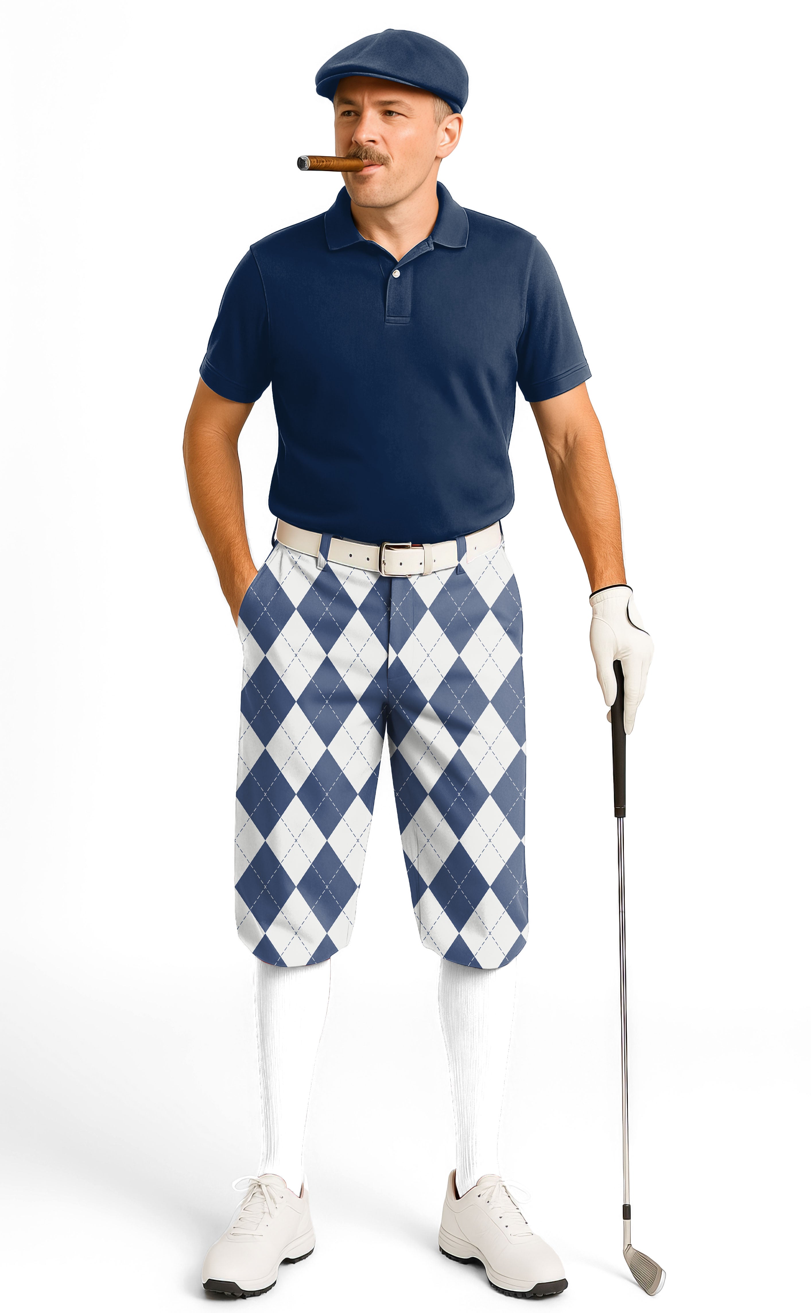 Man wearing navy blue argyle men's golf knickers with a navy blue polo shirt and golf glove holding a golf club