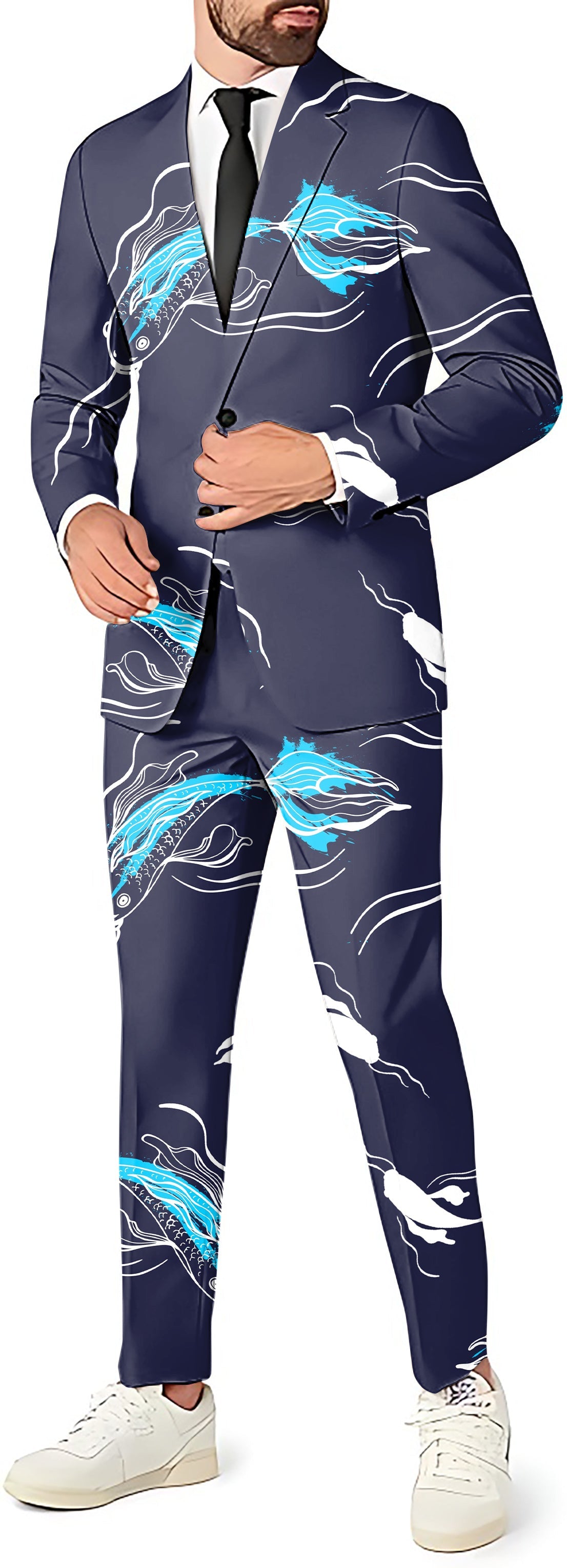 Diamond Accents Fish men's party suit with blazer, pants, and vest in blue with fish design