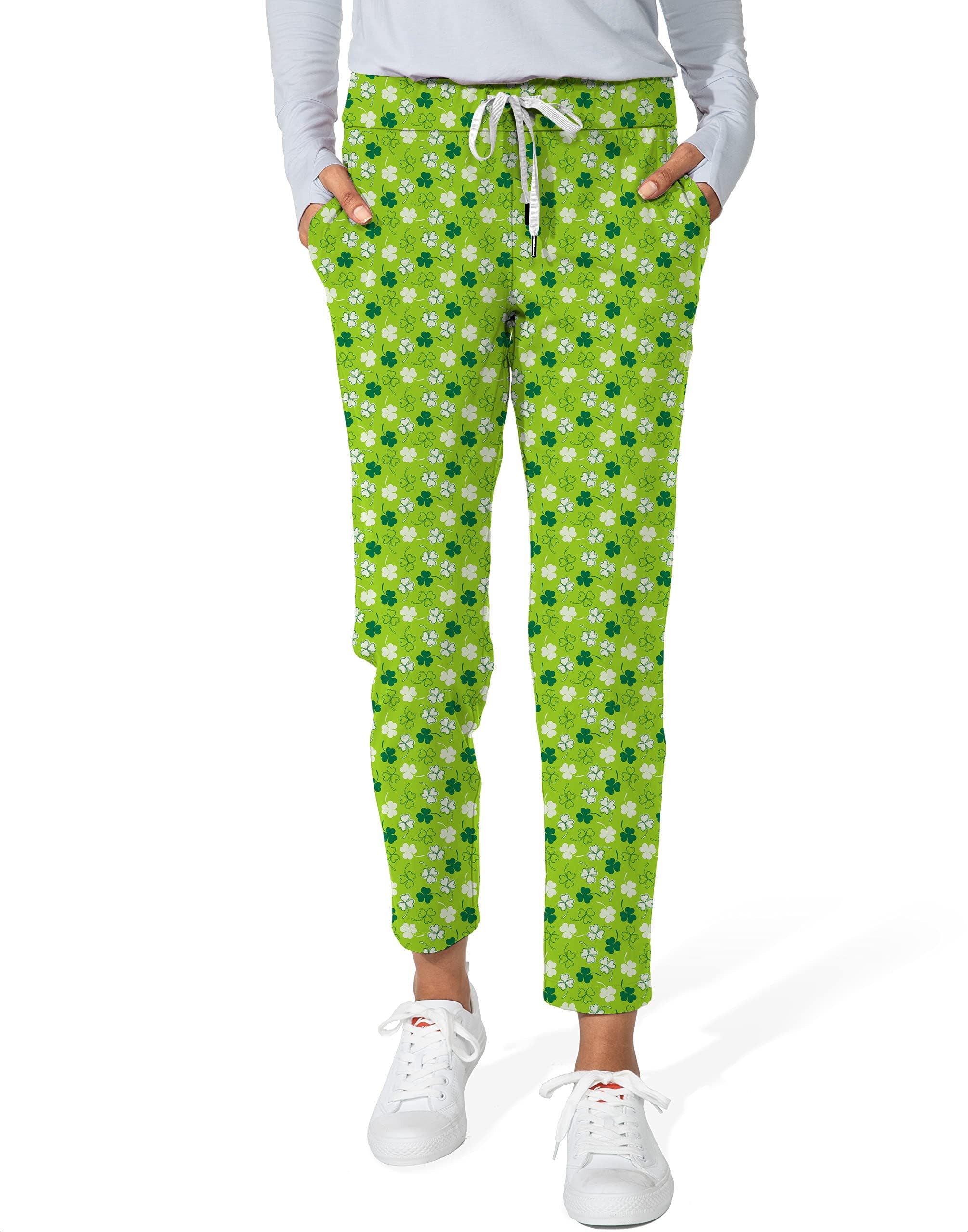 Women's 7/8 stretch ankle golf pants with green leaf clover pattern for St. Patrick's Day