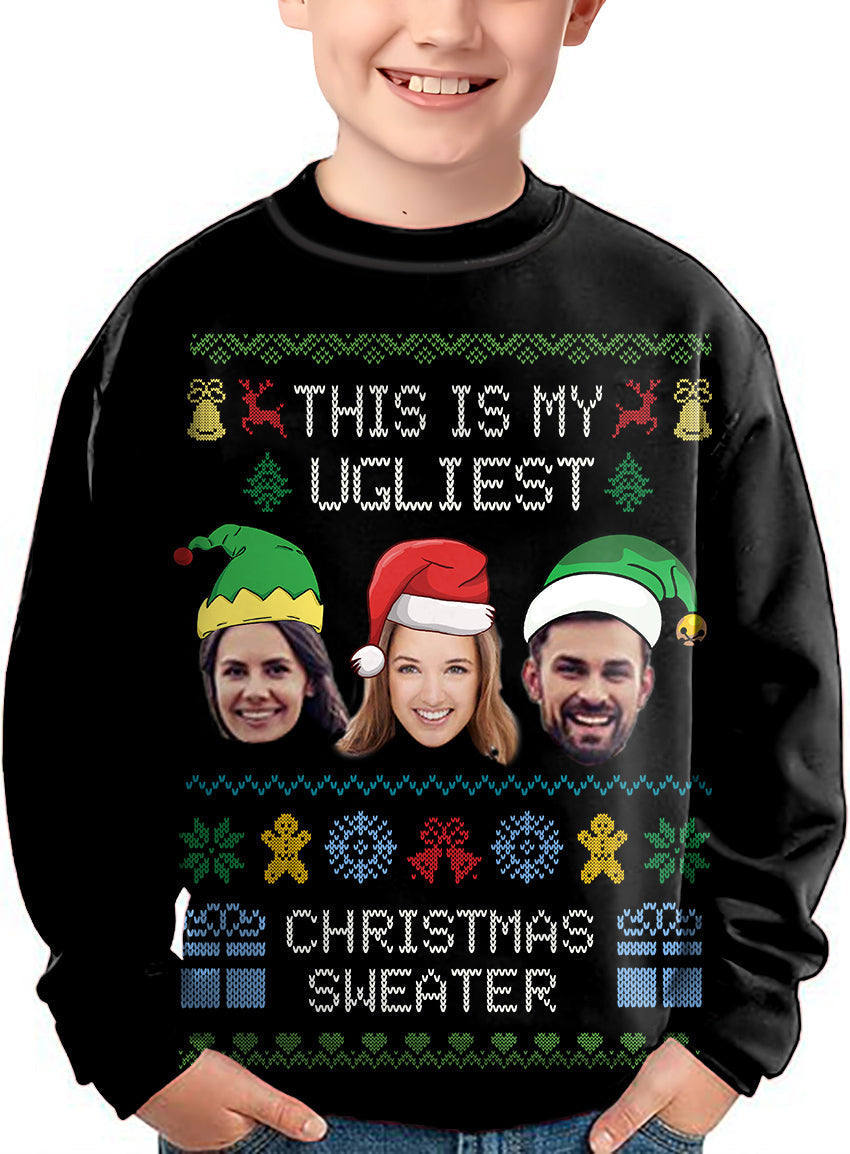 Black-Christmas Custom face kids crewneck pullover ugly Christmas sweater with personalized faces and holiday design