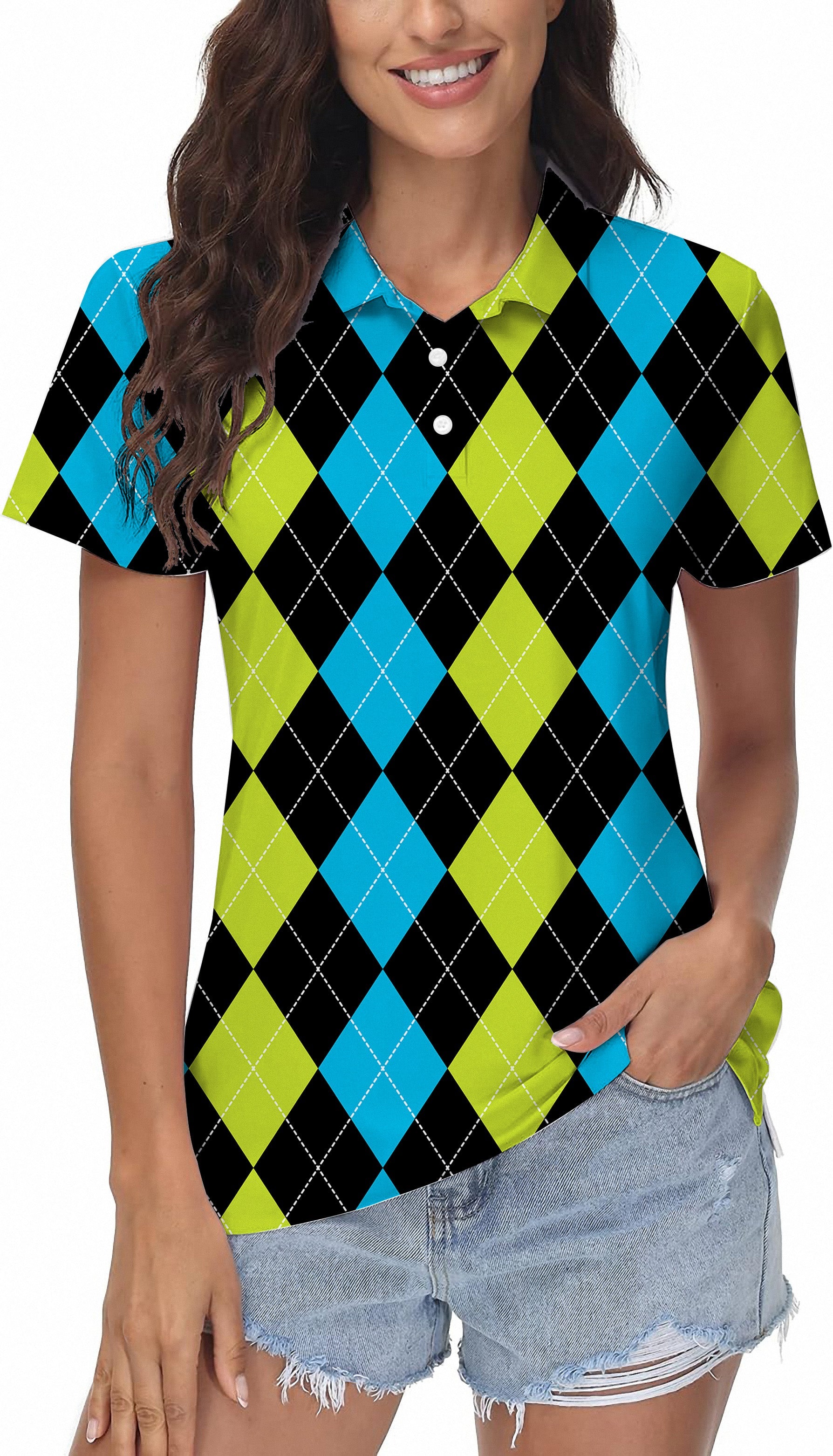 Halloween black green blue argyle women's golf polo with four-way stretch and moisture-wicking fabric