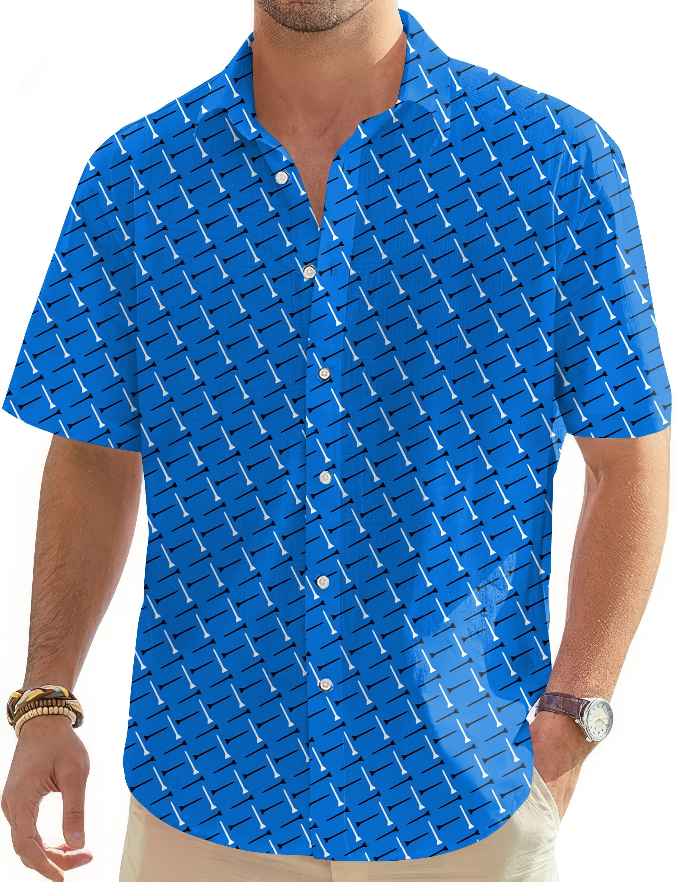 blue men's Hawaiian button-down shirt with custom background color and golf pattern