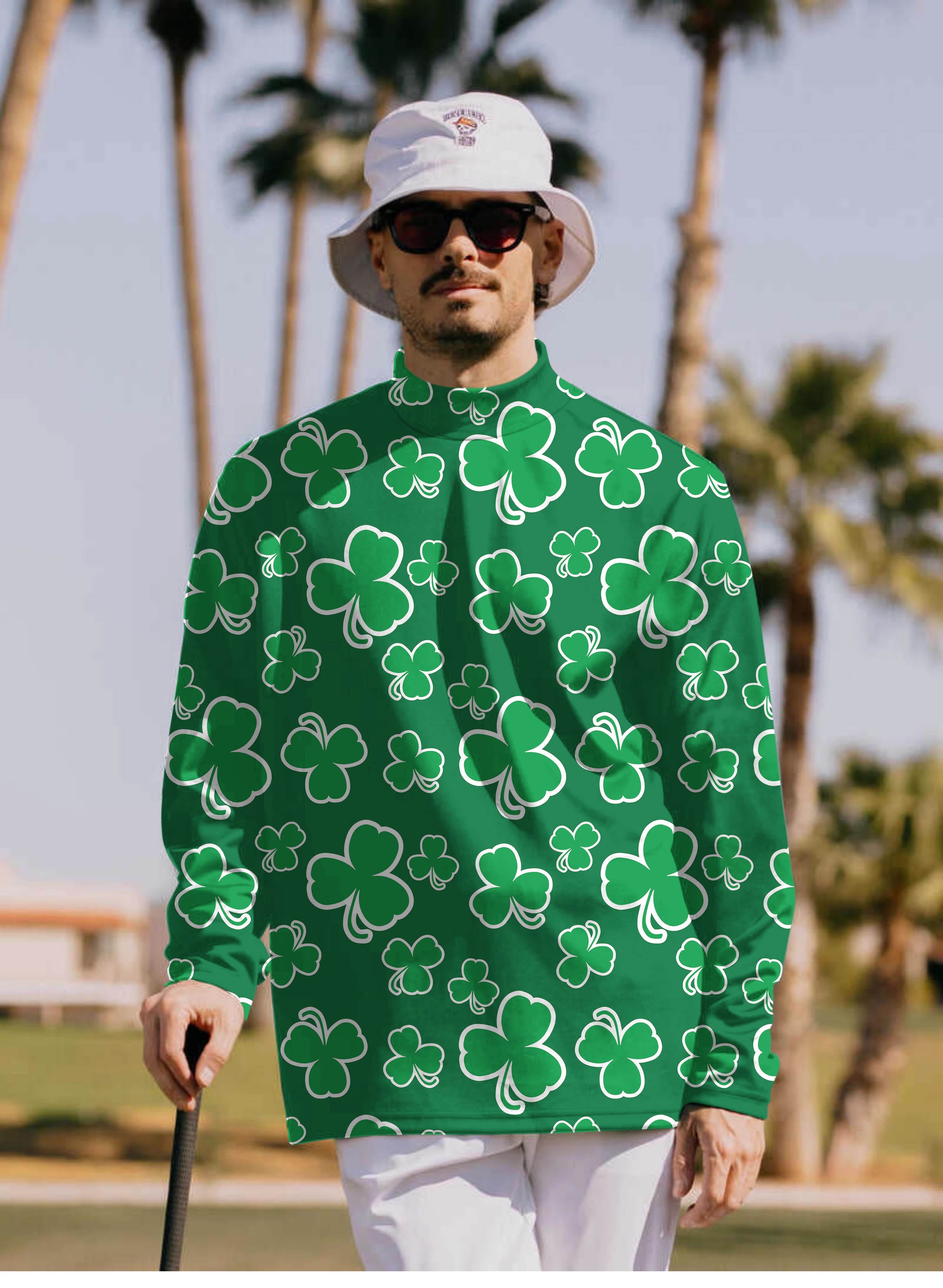 Men's Leaf clover St. Patrick's Day Pullover High neck Long/Short sleeve T-Shirt