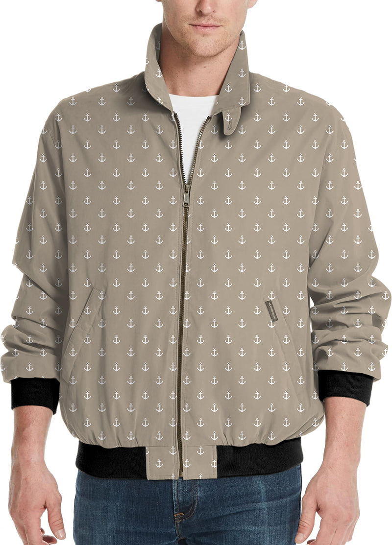 Beige Anchor Men's Golf Windbreaker jacket with anchor pattern and black cuffs