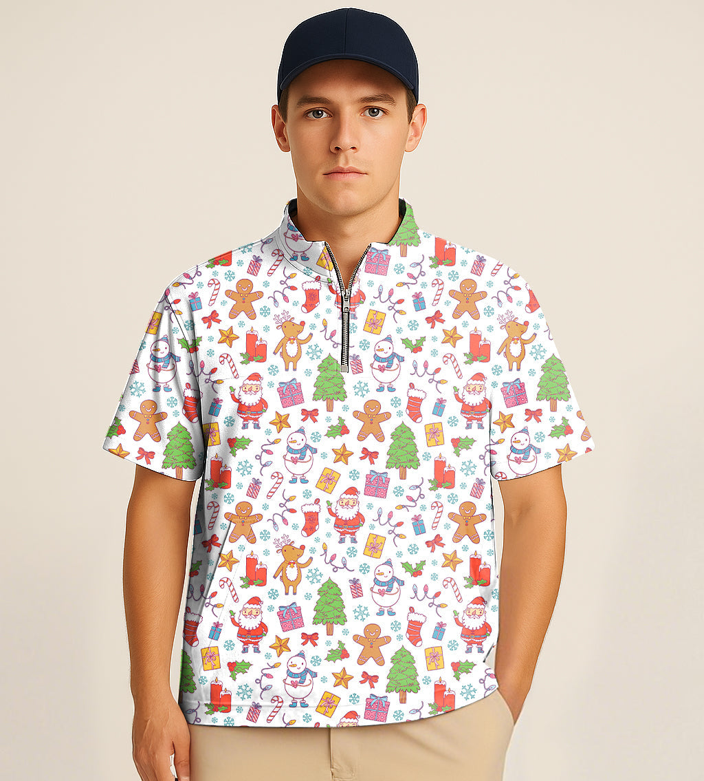 Man wearing half zipper turtleneck golf shirt with colorful Christmas pattern and white embroidery