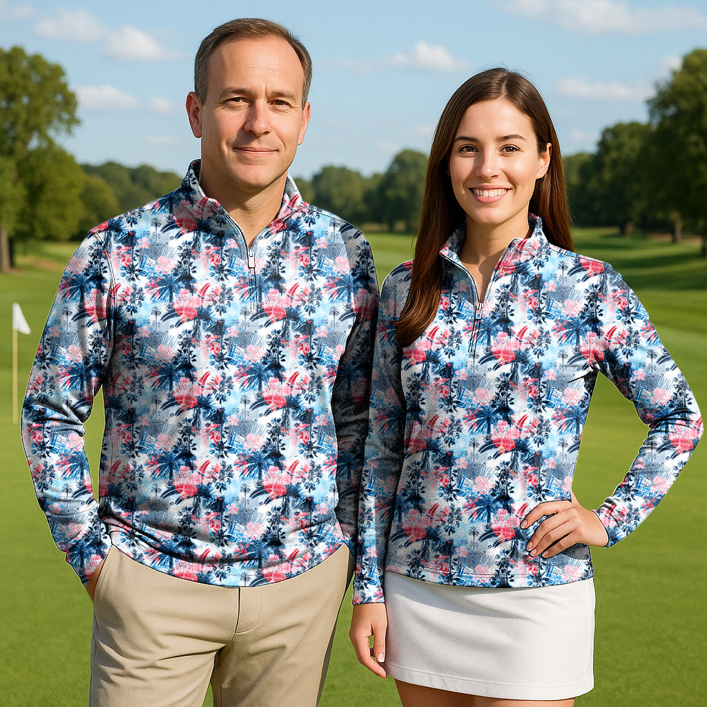 Tropical Coconut Tree Couple Golf Active 3/4 Zipper Top Long Sleeves