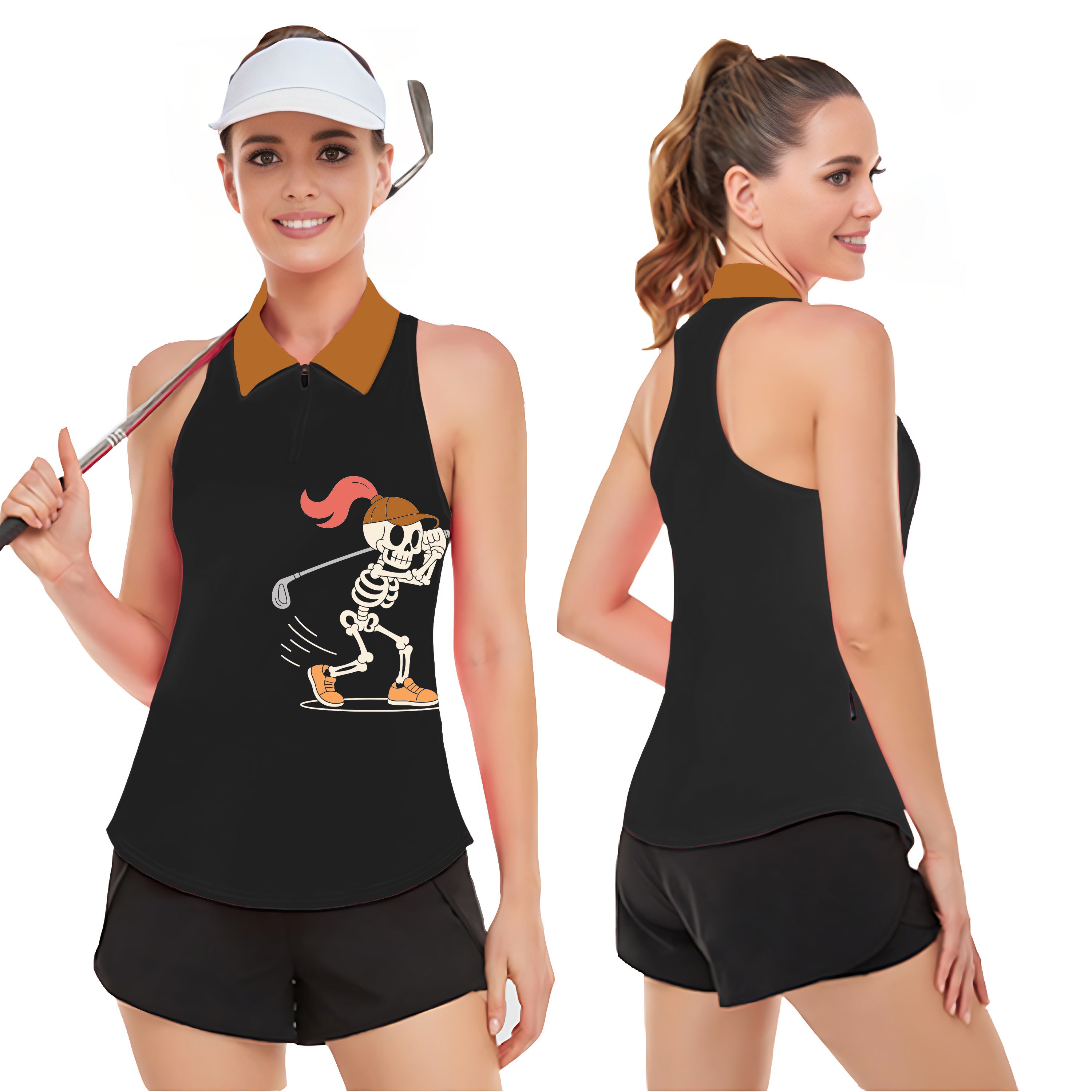 Women's Pumpkin Black Halloween Skeleton Golf V Neck Golf Polo Women’s Sleeveless Golf Tank Top Shirt Polo