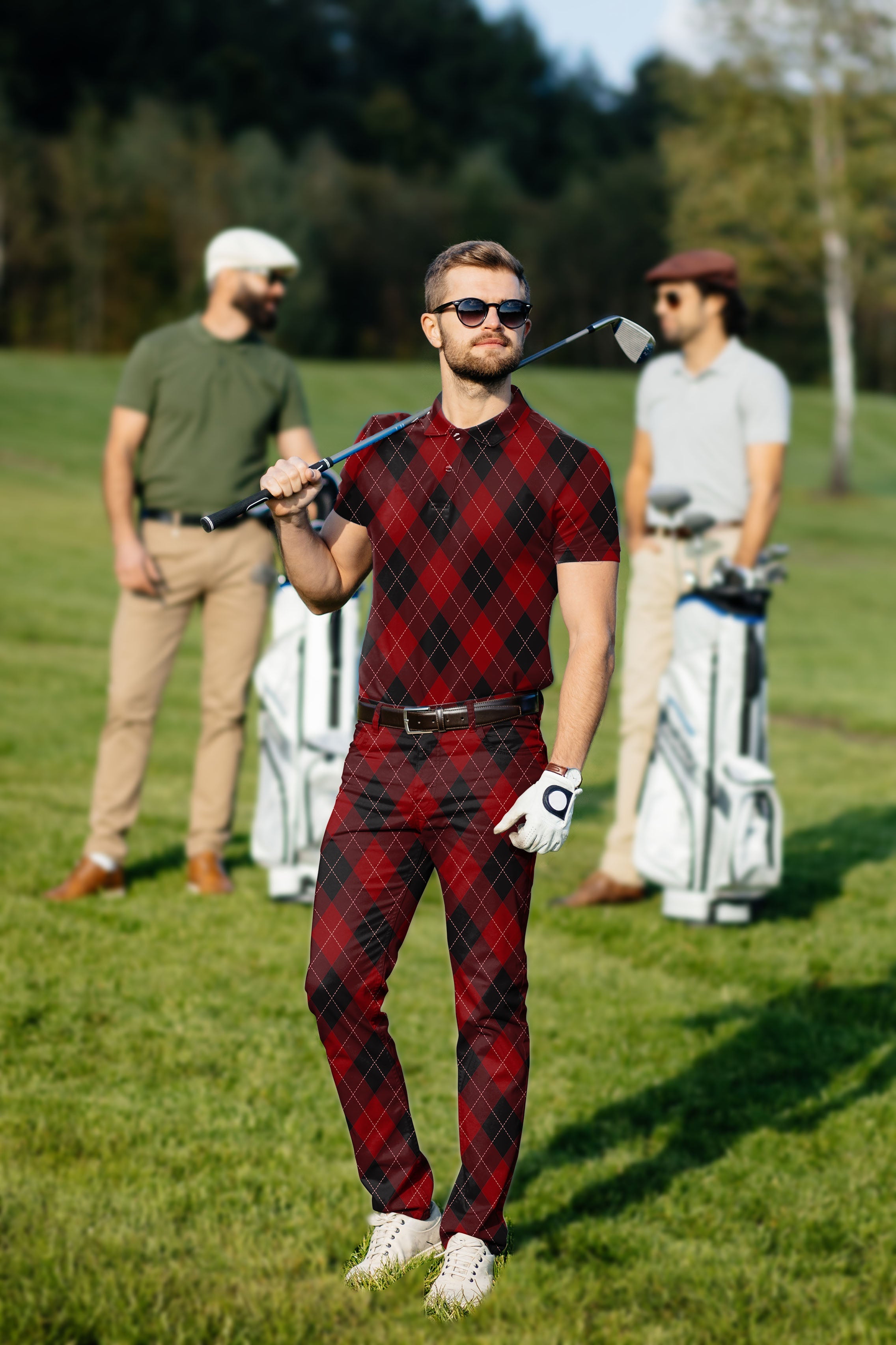 Men's Golf Set red argyle polo and pants with stretch fabric and UV protection