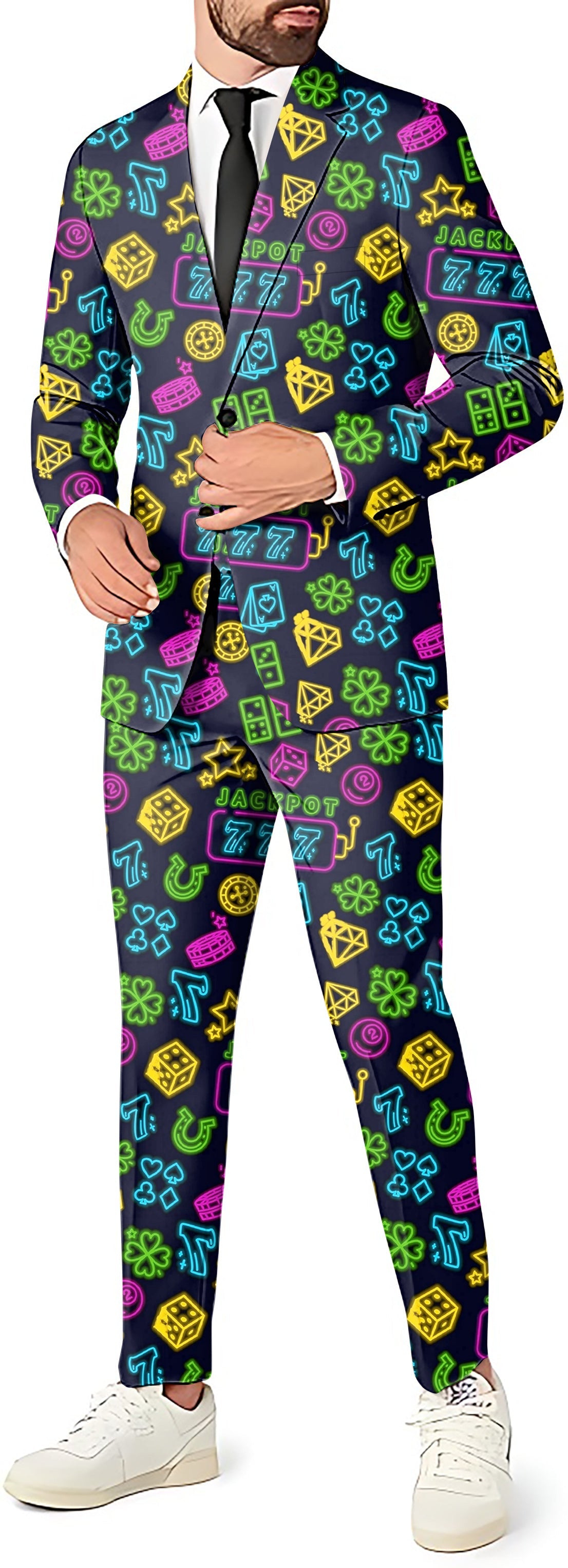 Hitting Jackpots Men's party costume suit with blazer, pants, and vest in colorful casino-themed prints