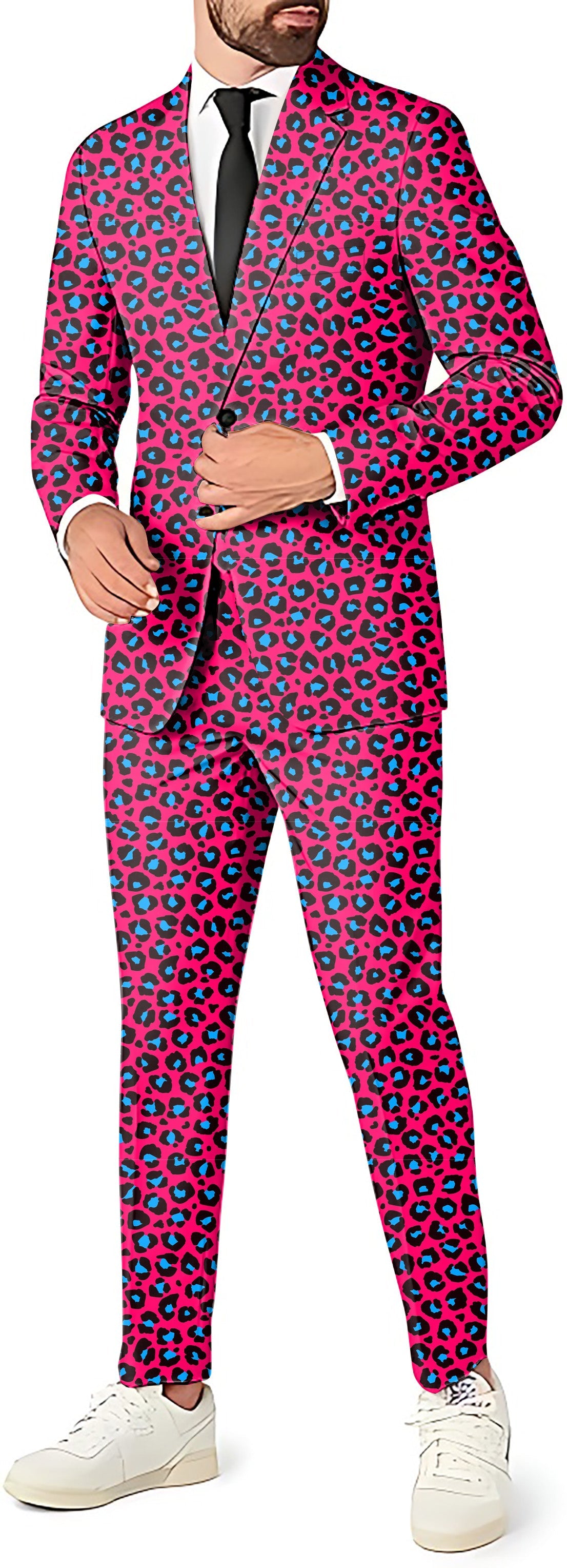 Red Jaguar men's party costume suit with blazer, vest, and pants in bold leopard print