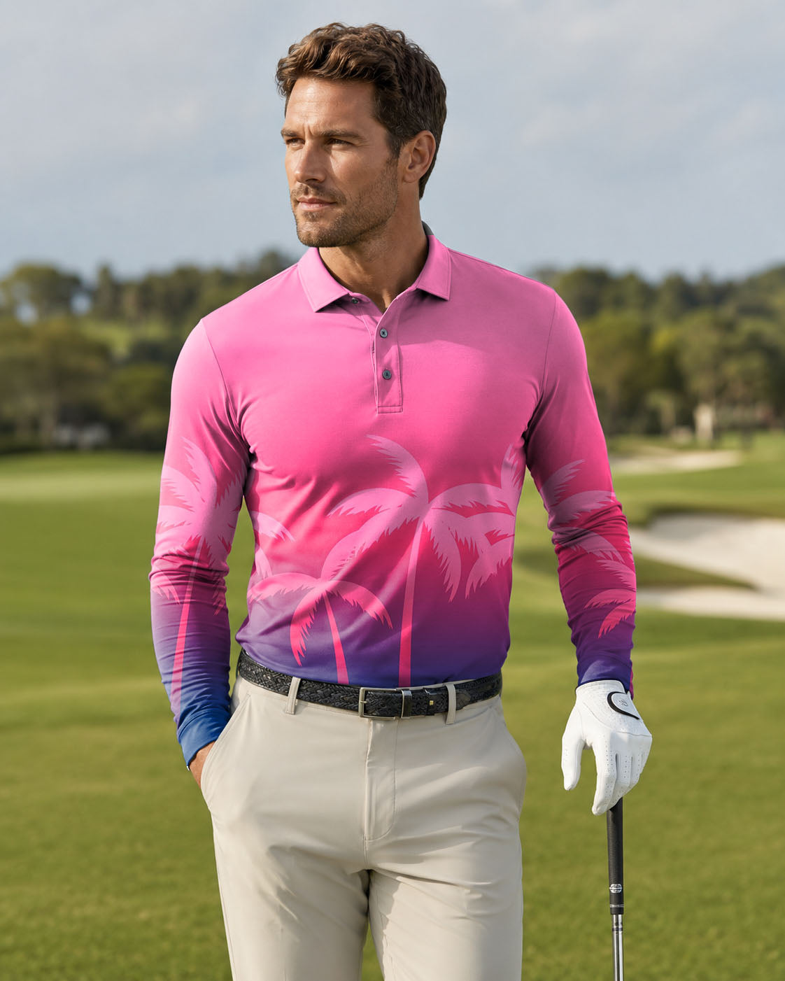 Men's Pink Palm Paradise golf Long-sleeved Polo