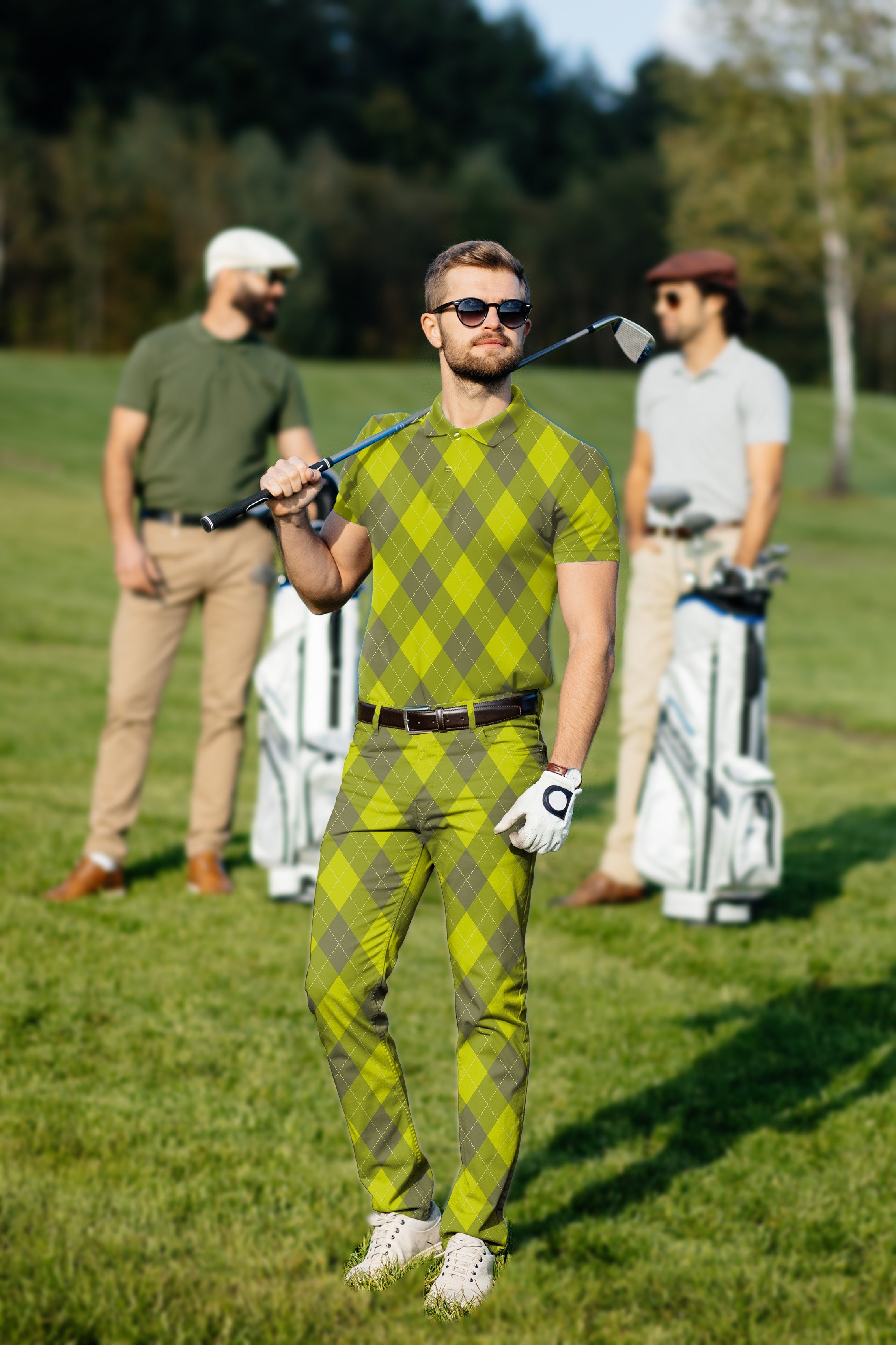 Men's golf set with yellow argyle polo and pants, four-way stretch, moisture-wicking, wrinkle-resistant, UPF 40+ protection, and classic fit.