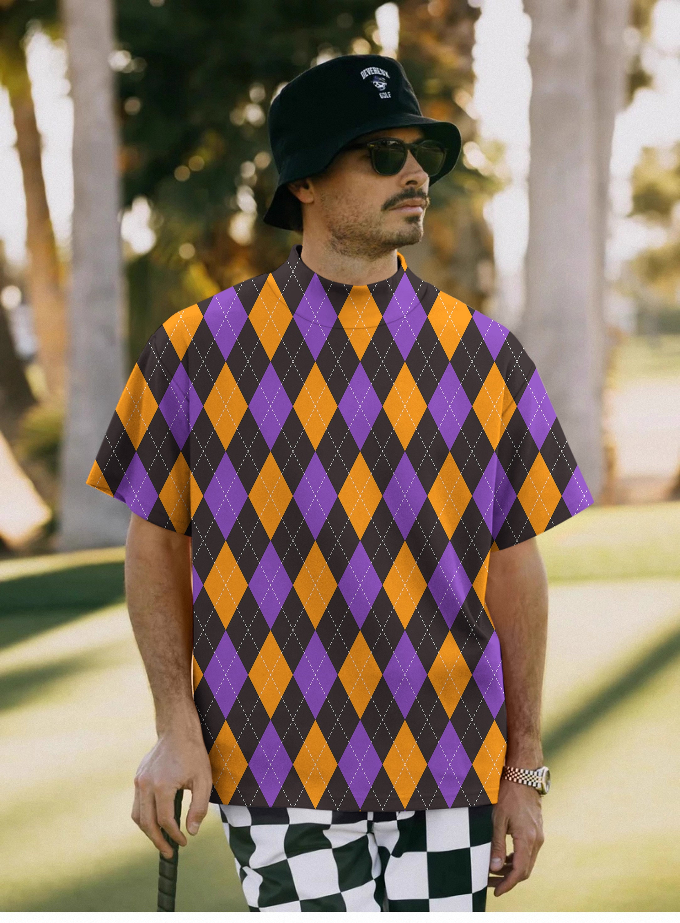 Men's Orange purple and black argyle Pullover High neck Long/Short sleeve T-Shirt