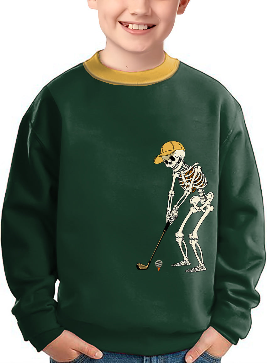 Kids yellow green Halloween skeleton golf crewneck pullover sweater