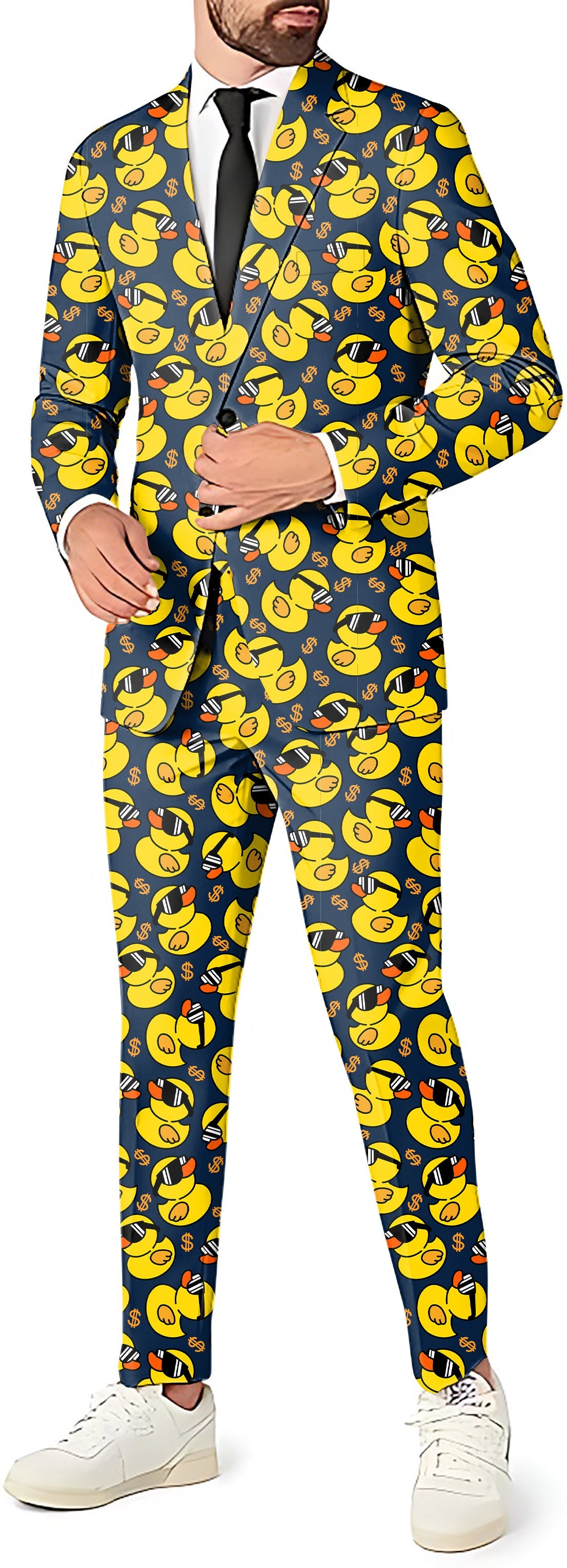Yellow duck men's party costume suit set with blazer, pants, and vest in vibrant print