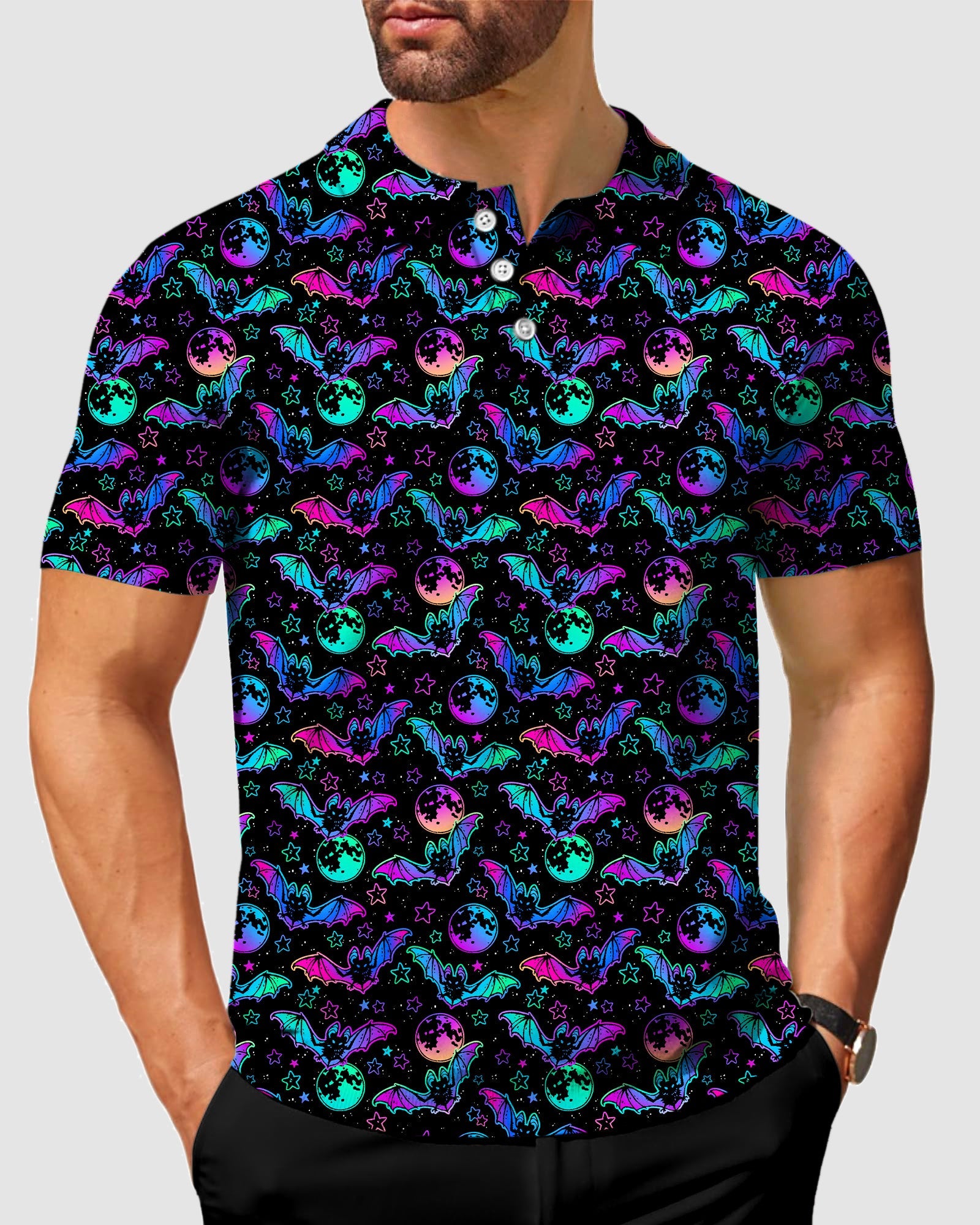 Men's Halloween Bat Moon Polo with colorful bat and moon pattern, four-way stretch, moisture-wicking fabric, and wrinkle-resistant classic fit