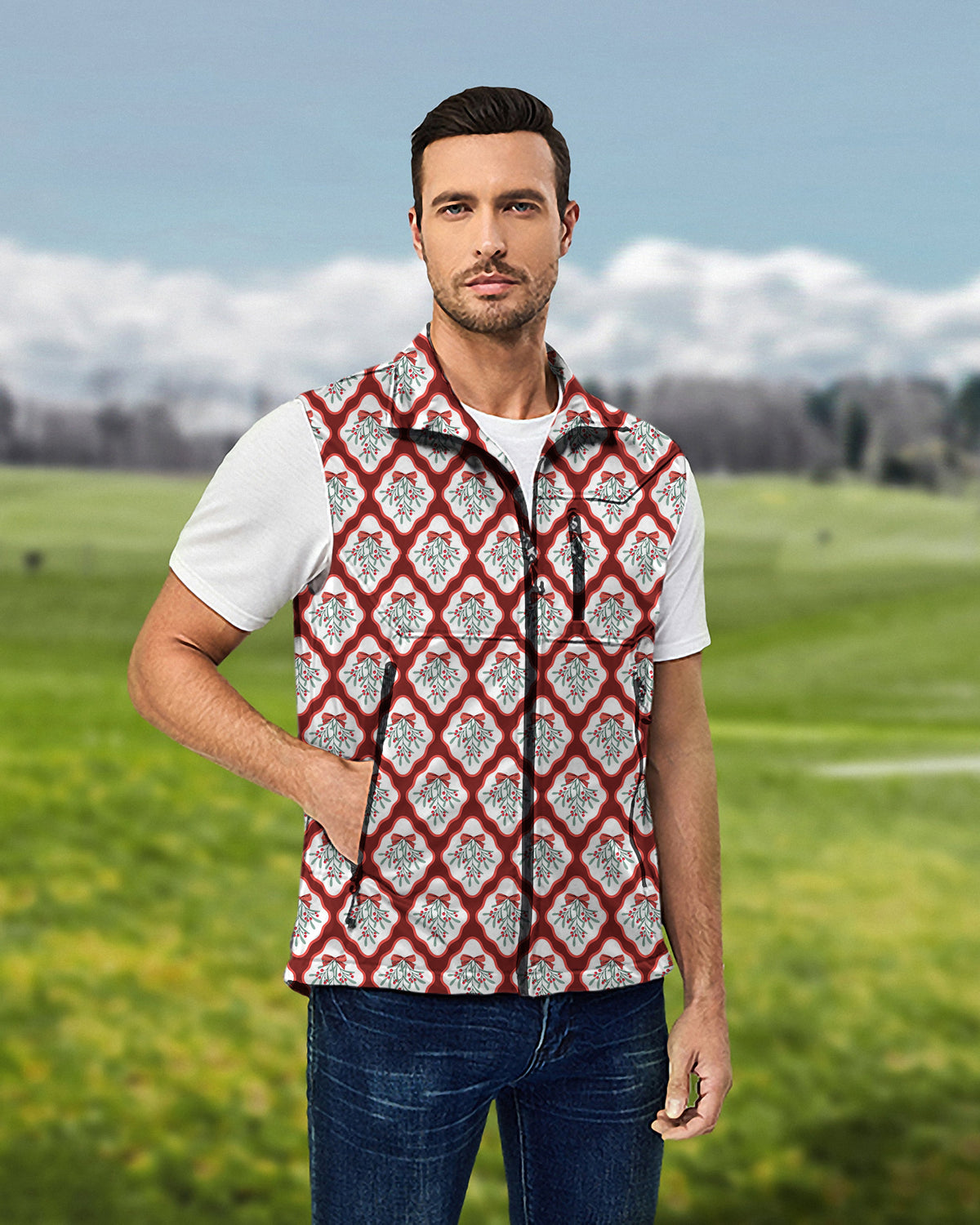 Men's Christmas red holly Lightweight Softshell Vest Sleeveless Jacket for Golf Windproof Waterproof