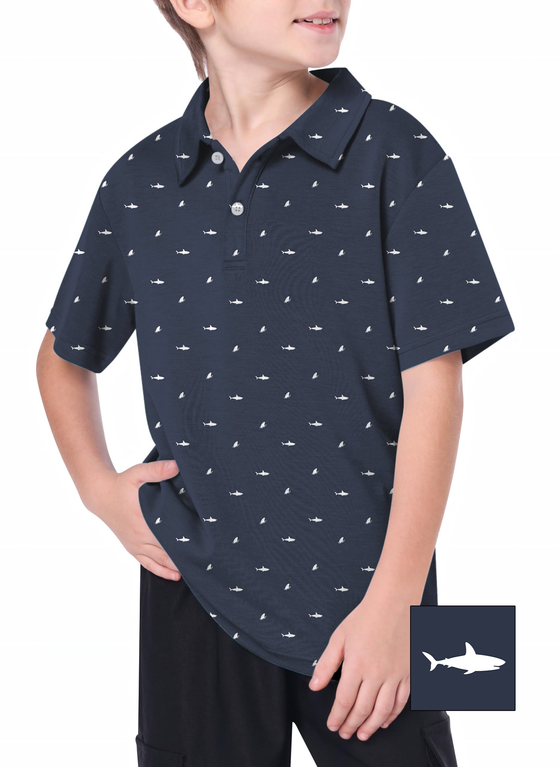 Youth white shark golf polo for kids with 4-way stretch and moisture-wicking fabric