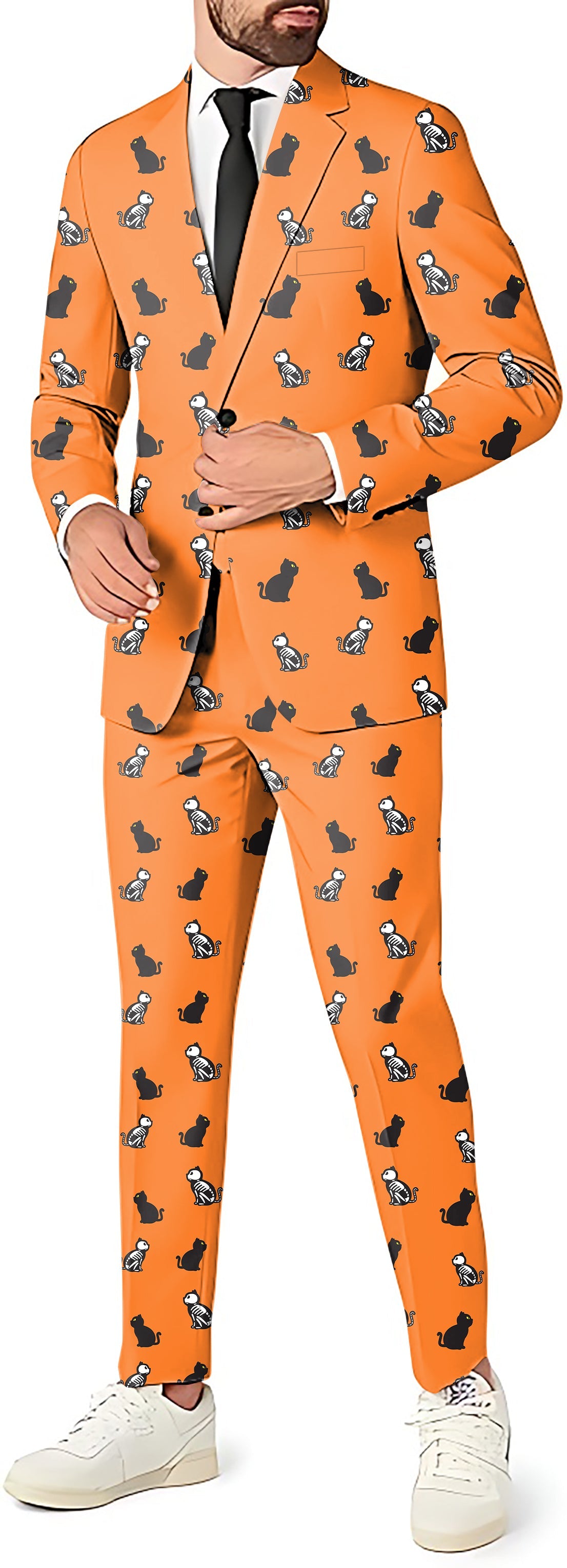 Men's Halloween Skull Cat orange blazer and pants suit for theme parties