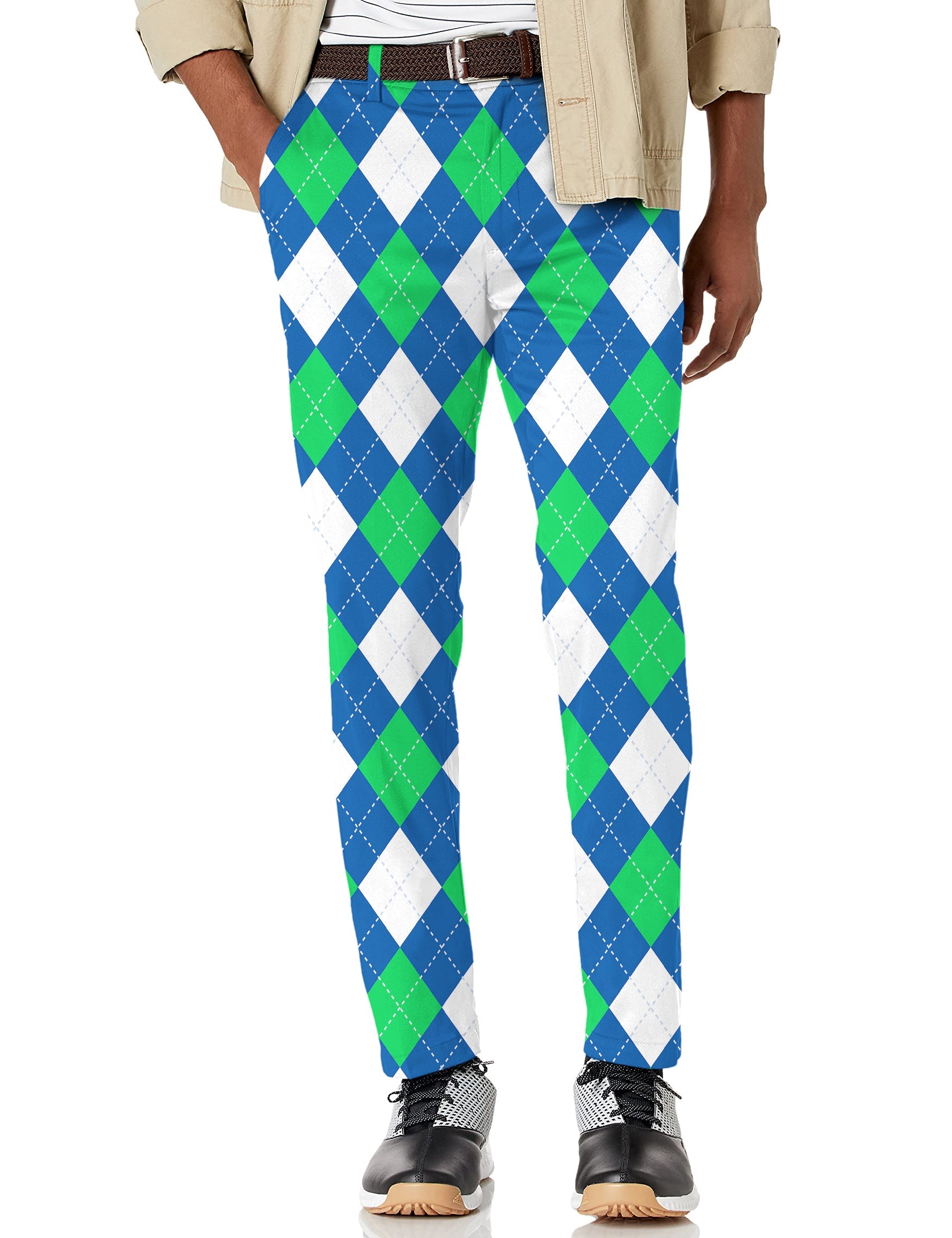 Men's Argyle green and blue stretch golf pants with moisture-wicking, lightweight performance fabric and classic pockets