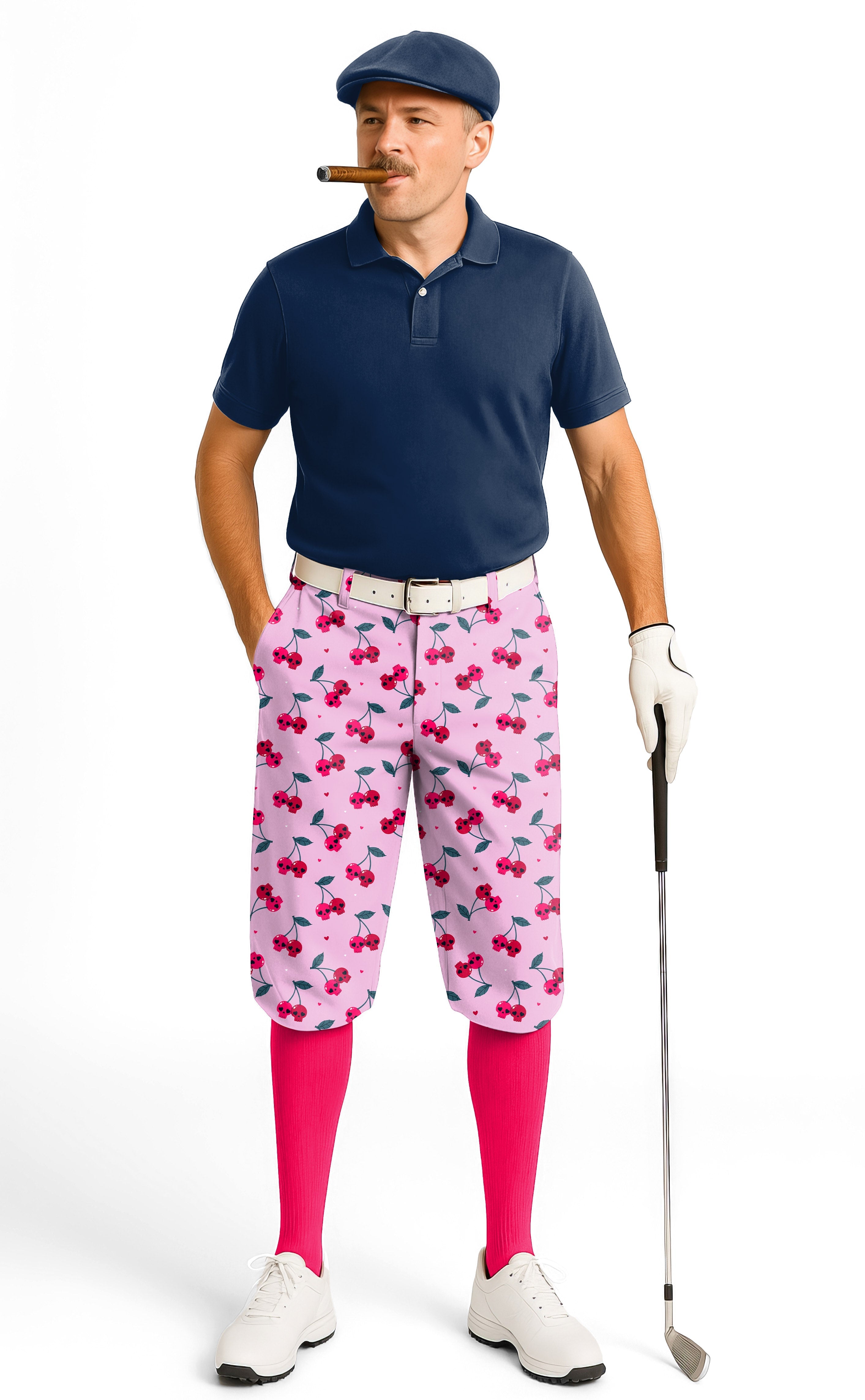 Halloween Cherry Skull men's golf knickers with cherry pattern, ankle cuffs, and adjustable velcro waist.