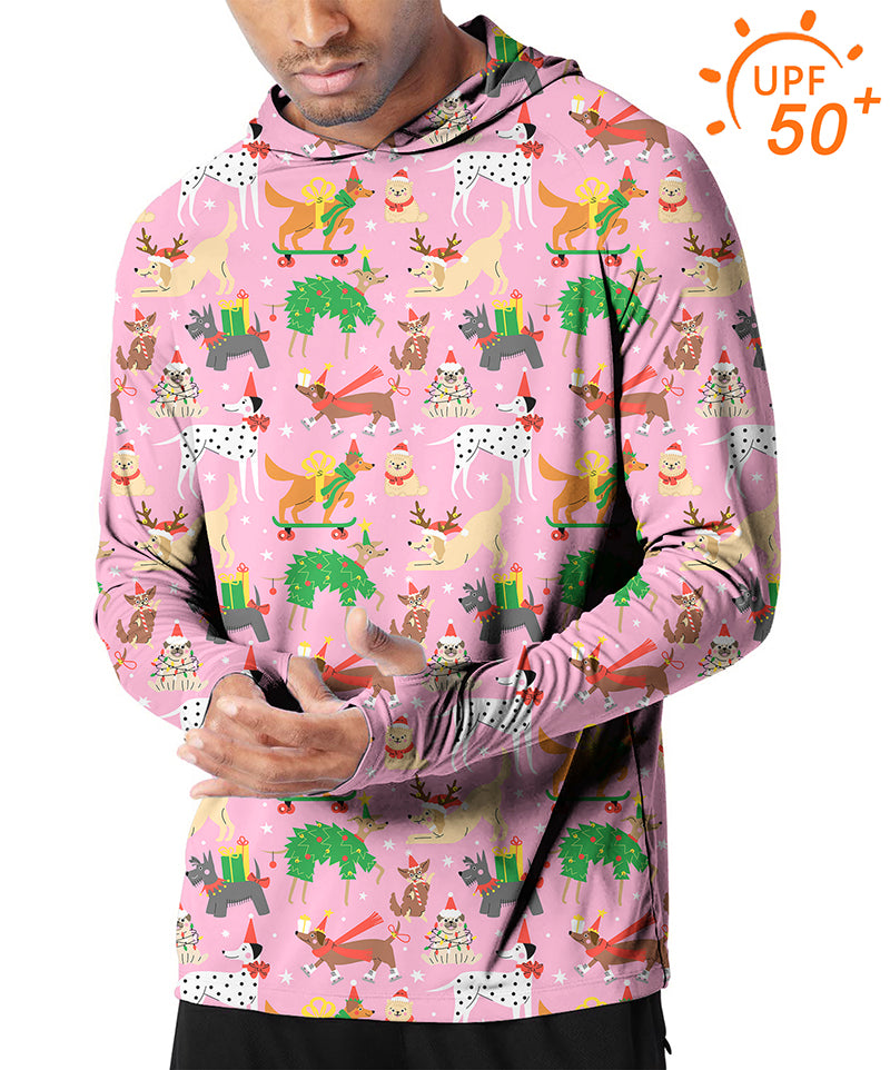 Men's outdoor Christmas dog print slim fit hoodie with UPF 50+ sun protection and thumb holes