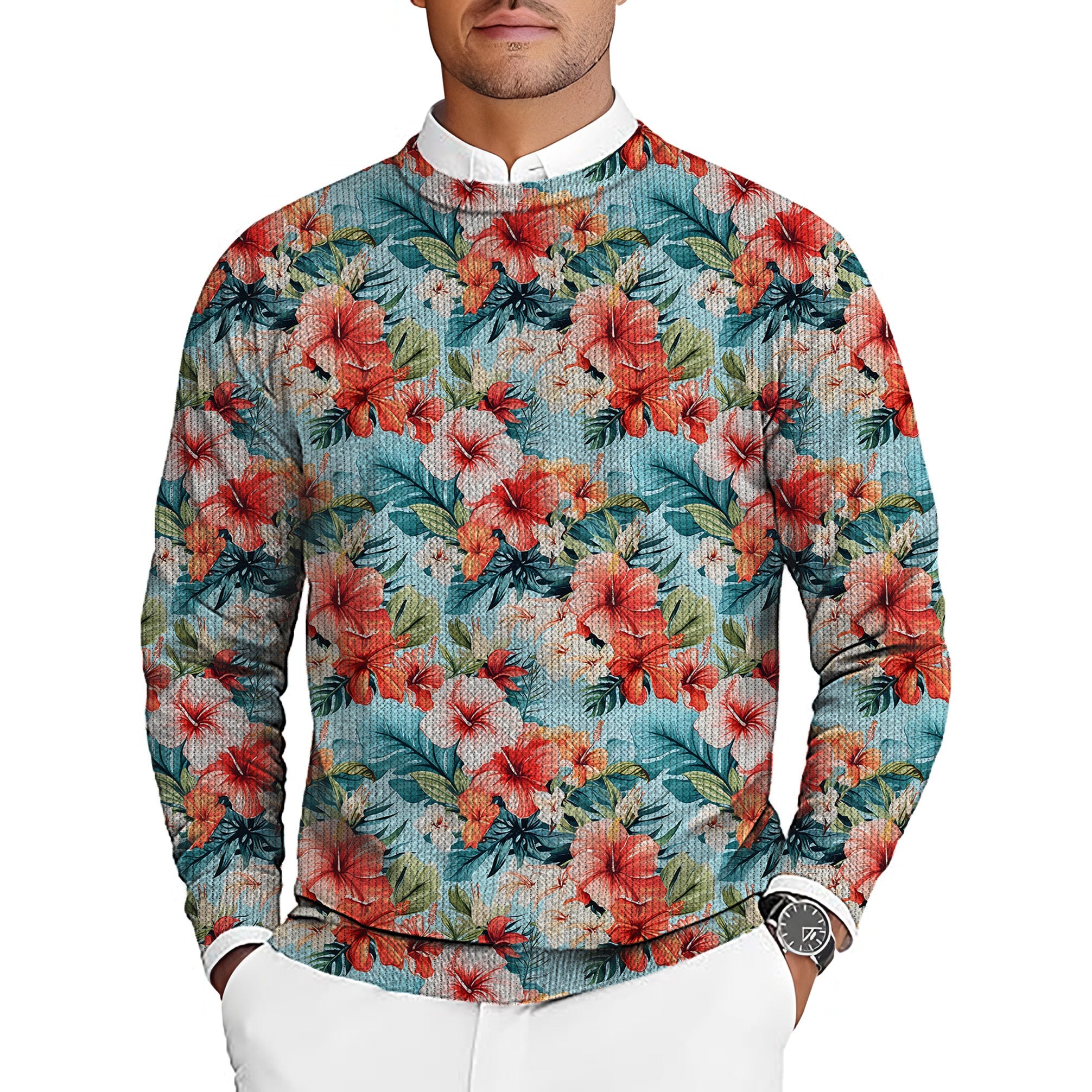 Men's Hawaiian flower golf crewneck pullover sweater with vibrant floral pattern, soft stretch fabric, and elastic ribbed cuffs