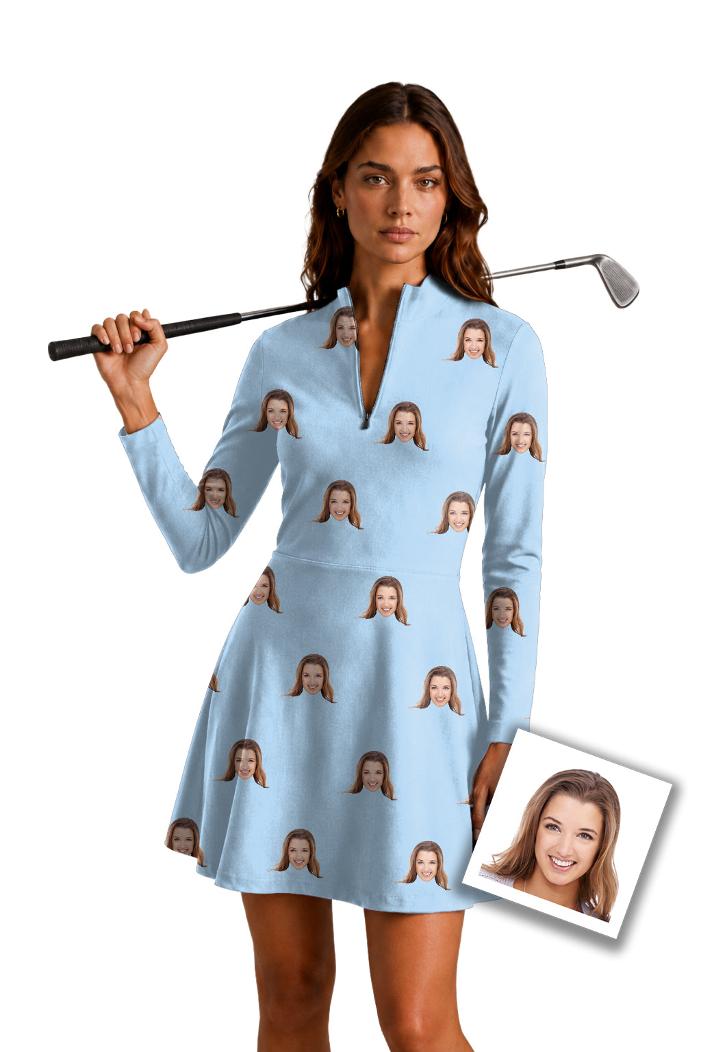 Custom Photo Funny Face Women's Golf Long Sleeve Zipper Dresses Comes with separate matching shorts