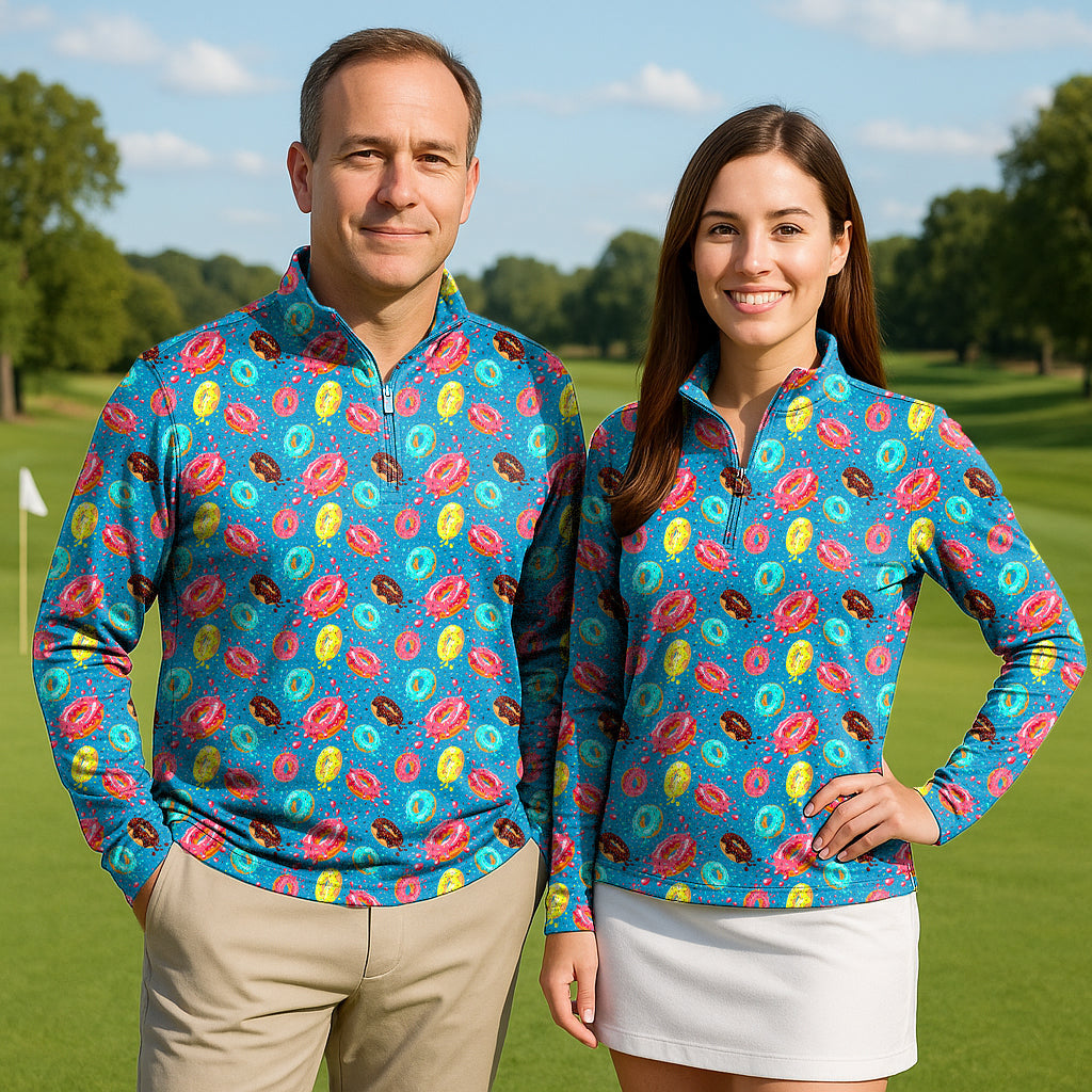 Hole In One Couple Golf Active 3/4 Zip Top with bright donut print, lightweight, sun-protective long sleeves for men and women on golf course