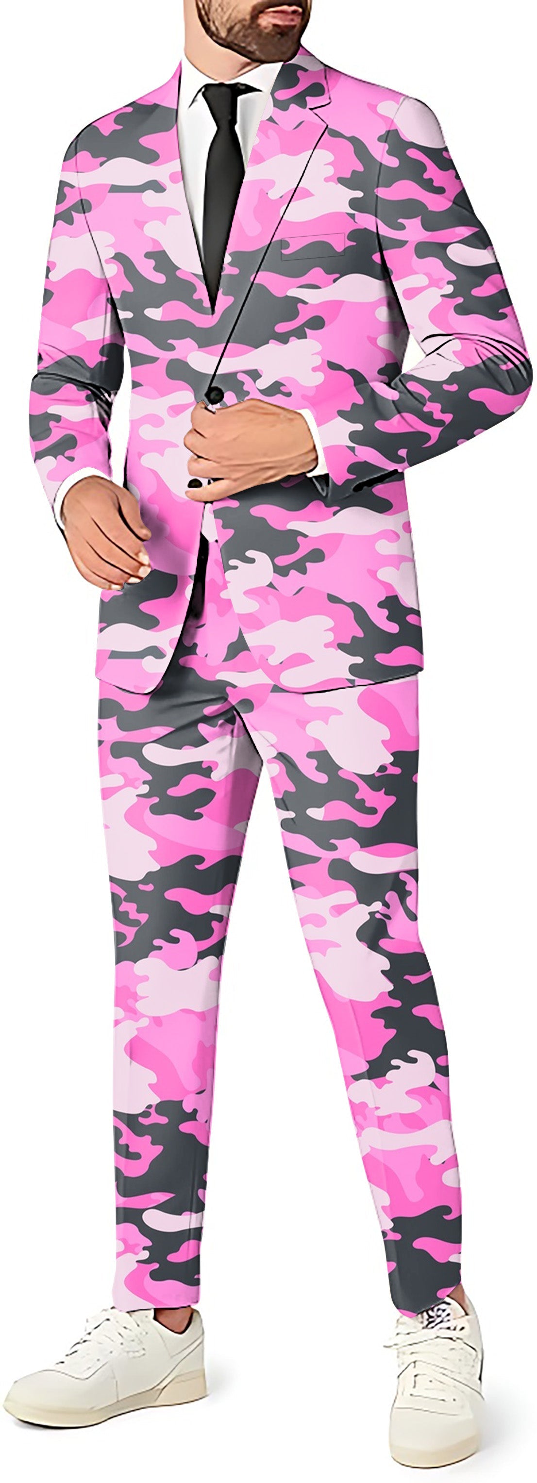 Pink camo men's party costume suit set with blazer, pants, and vest in slim fit style