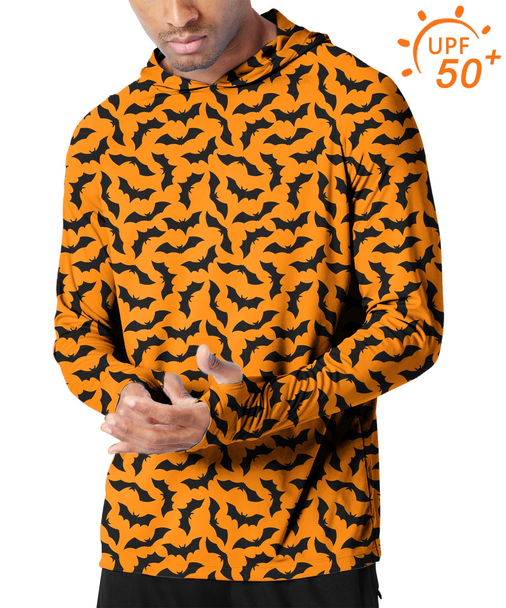 Men's outdoor slim fit Halloween bat print hoodie with UPF 50+ sun protection and thumb holes