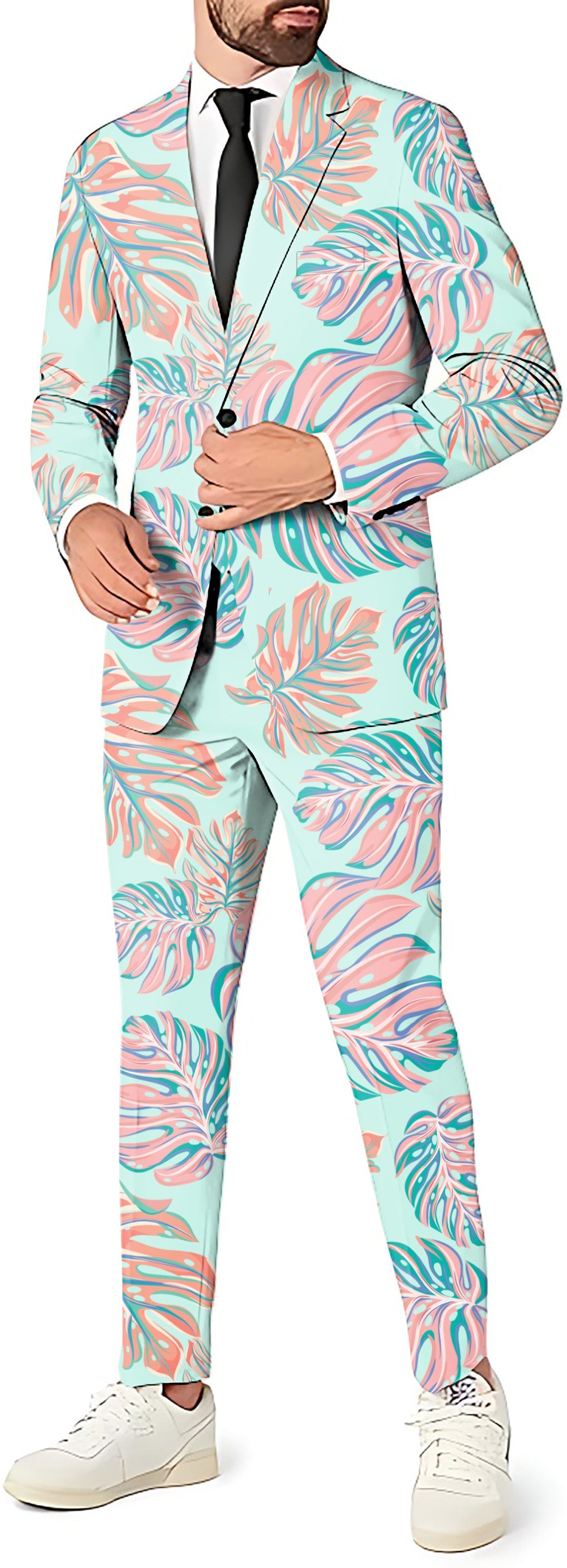 Magic Leaves men's party costume suit set with blazer, pants, and vest in pastel leaf pattern