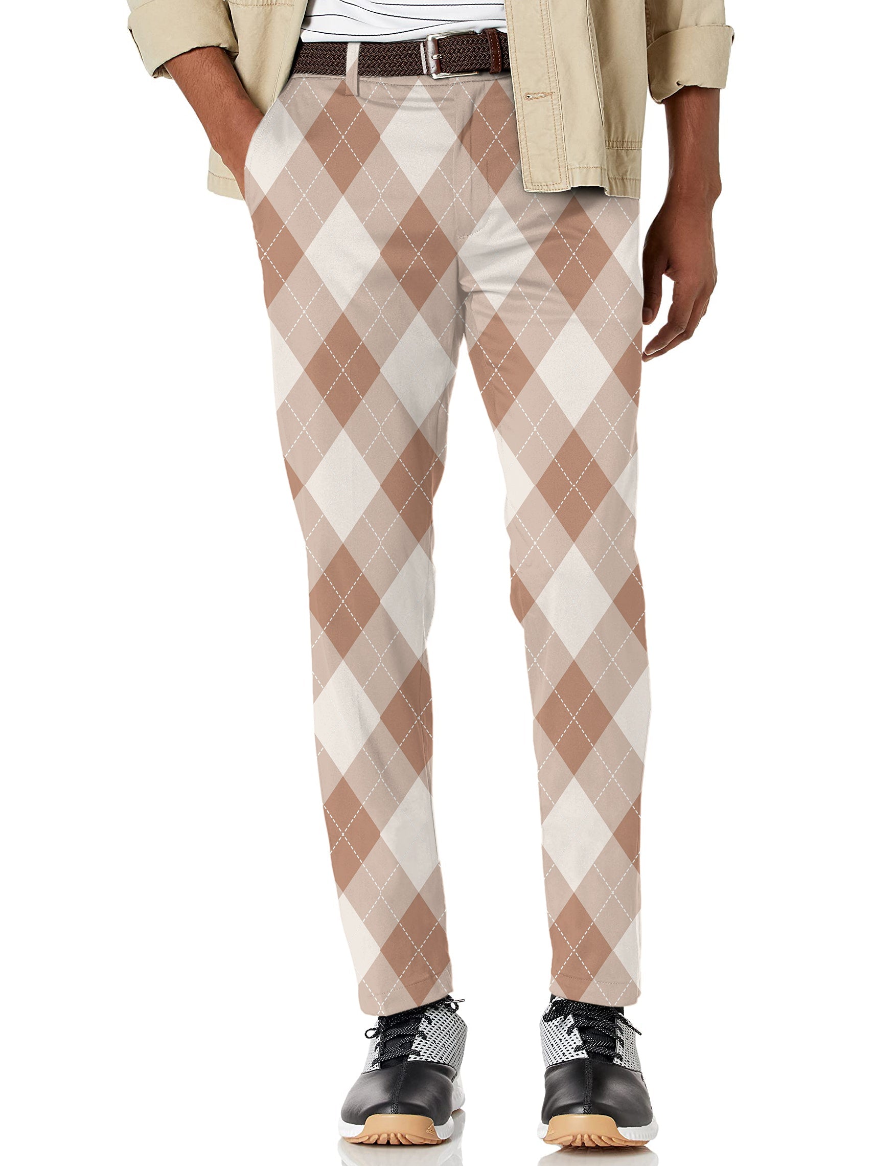 Men's brown argyle stretch golf pants with moisture-wicking fabric and classic pockets