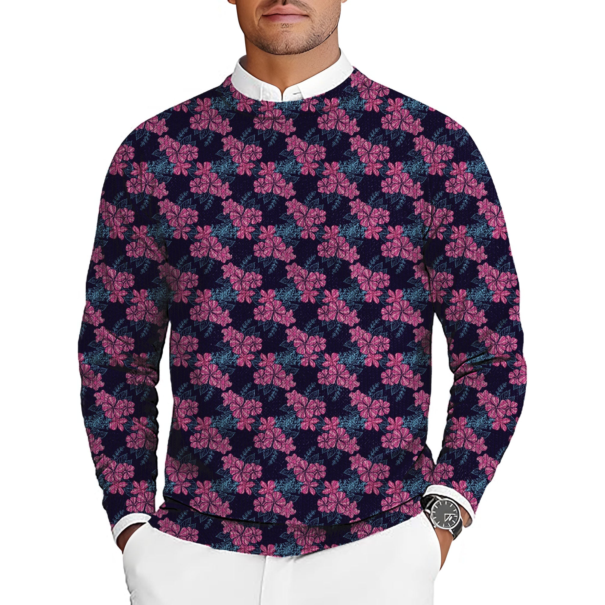 Blossom Burst Men's golf crewneck pullover sweater with pink floral pattern on navy background