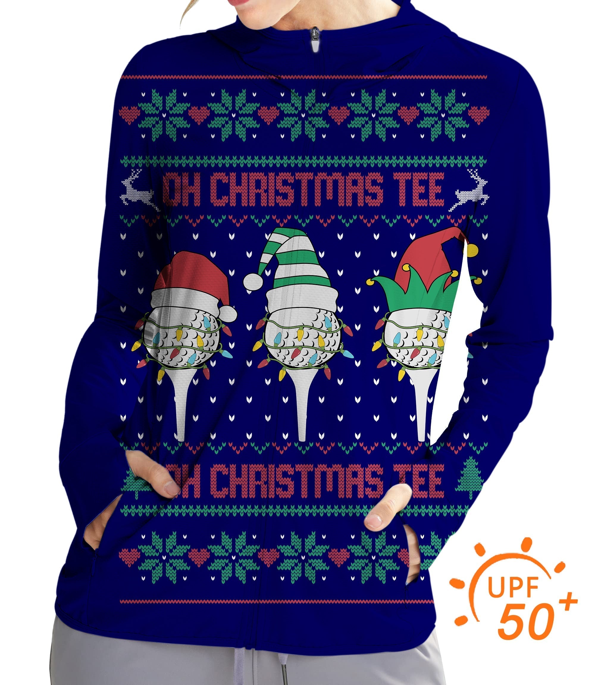 Women's outdoor navy Christmas golf hoodie with sun protection and festive design