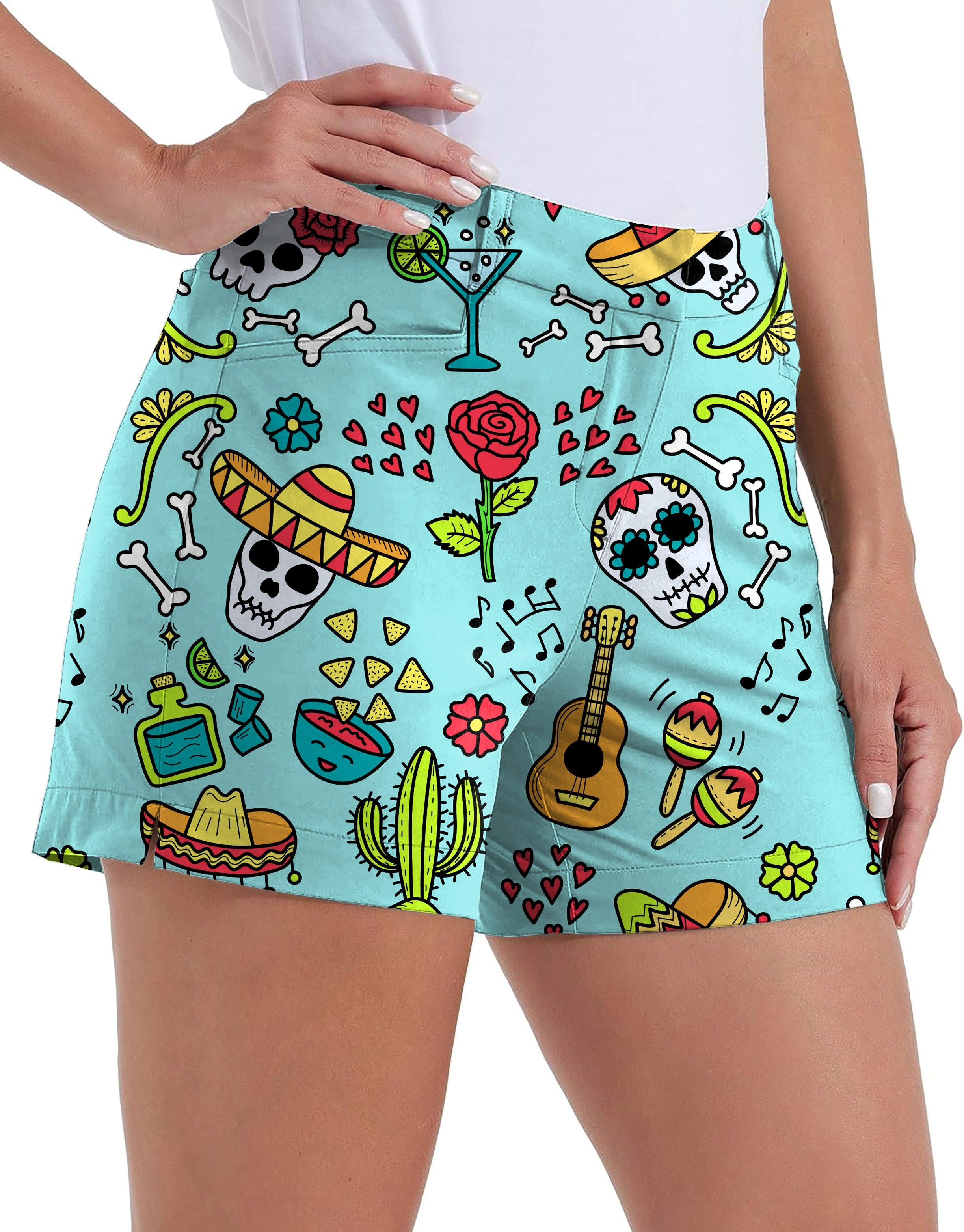 Fiesta Time Polo women's quick-drying golf shorts with colorful skull and cactus print, pockets, and comfortable stretch for outdoor casual wear
