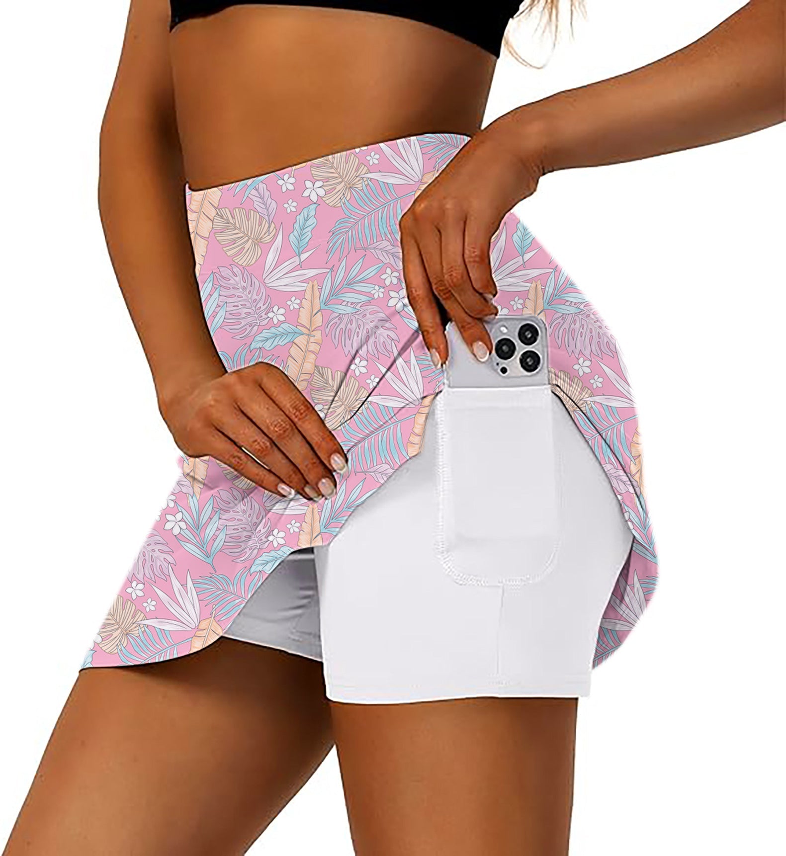 Feathered Paradise Women's athletic golf skort with pink floral flared skirt and phone pocket