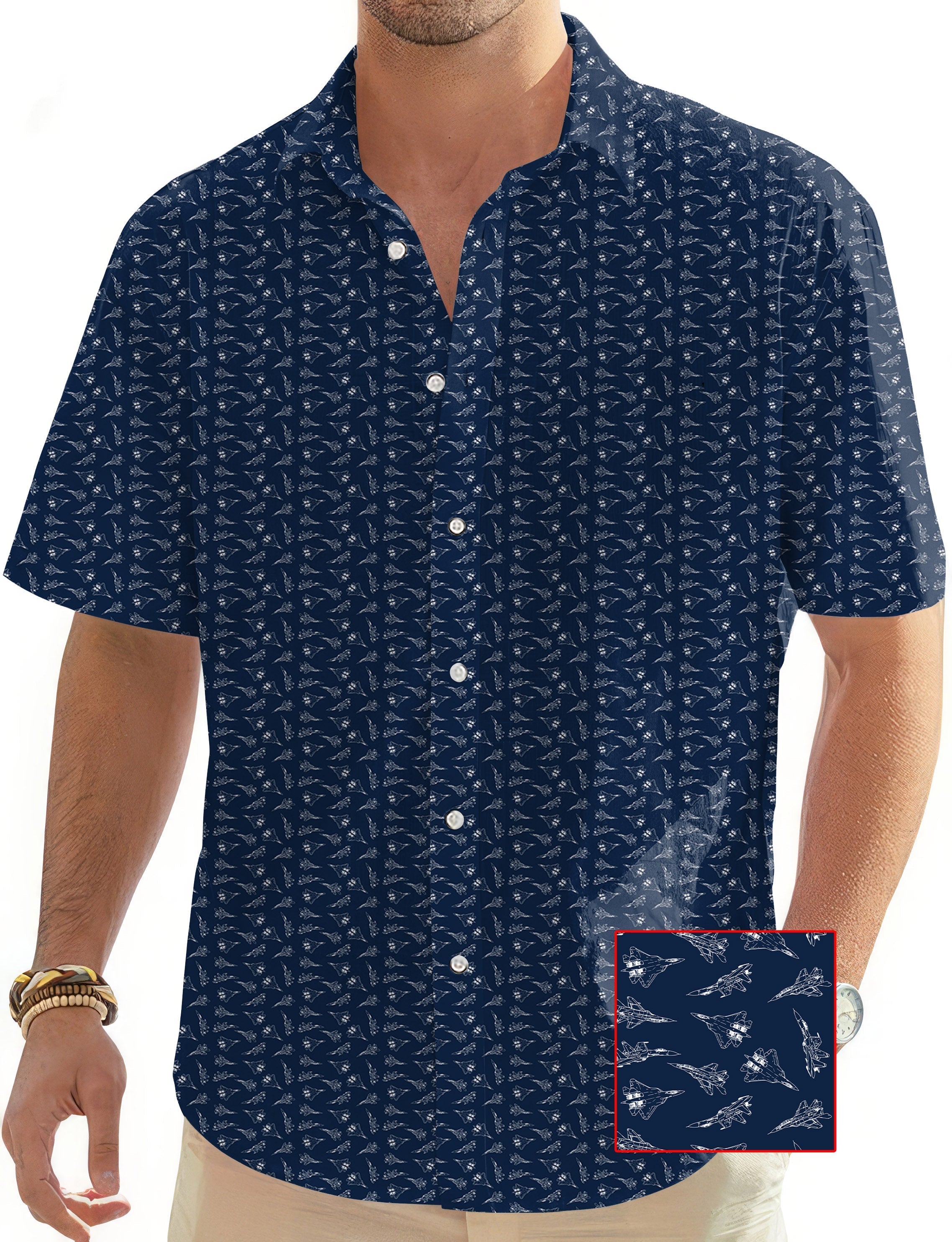 Fighter Men's Golf Hawaiian shirt navy blue button-down with short sleeves and subtle print