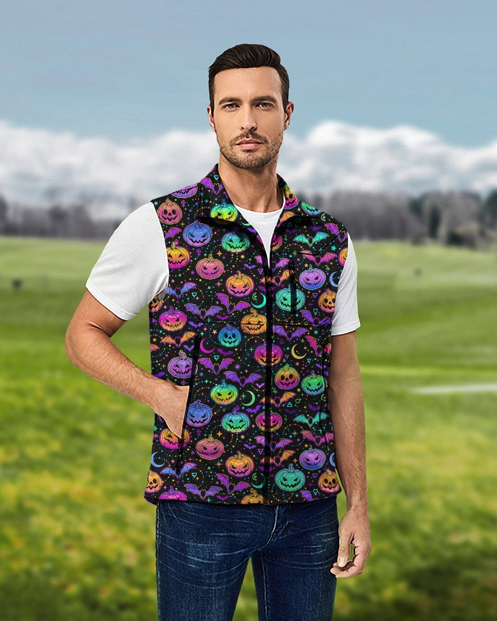 Men's neon Halloween pumpkin sleeveless softshell vest for golf, lightweight, windproof, waterproof