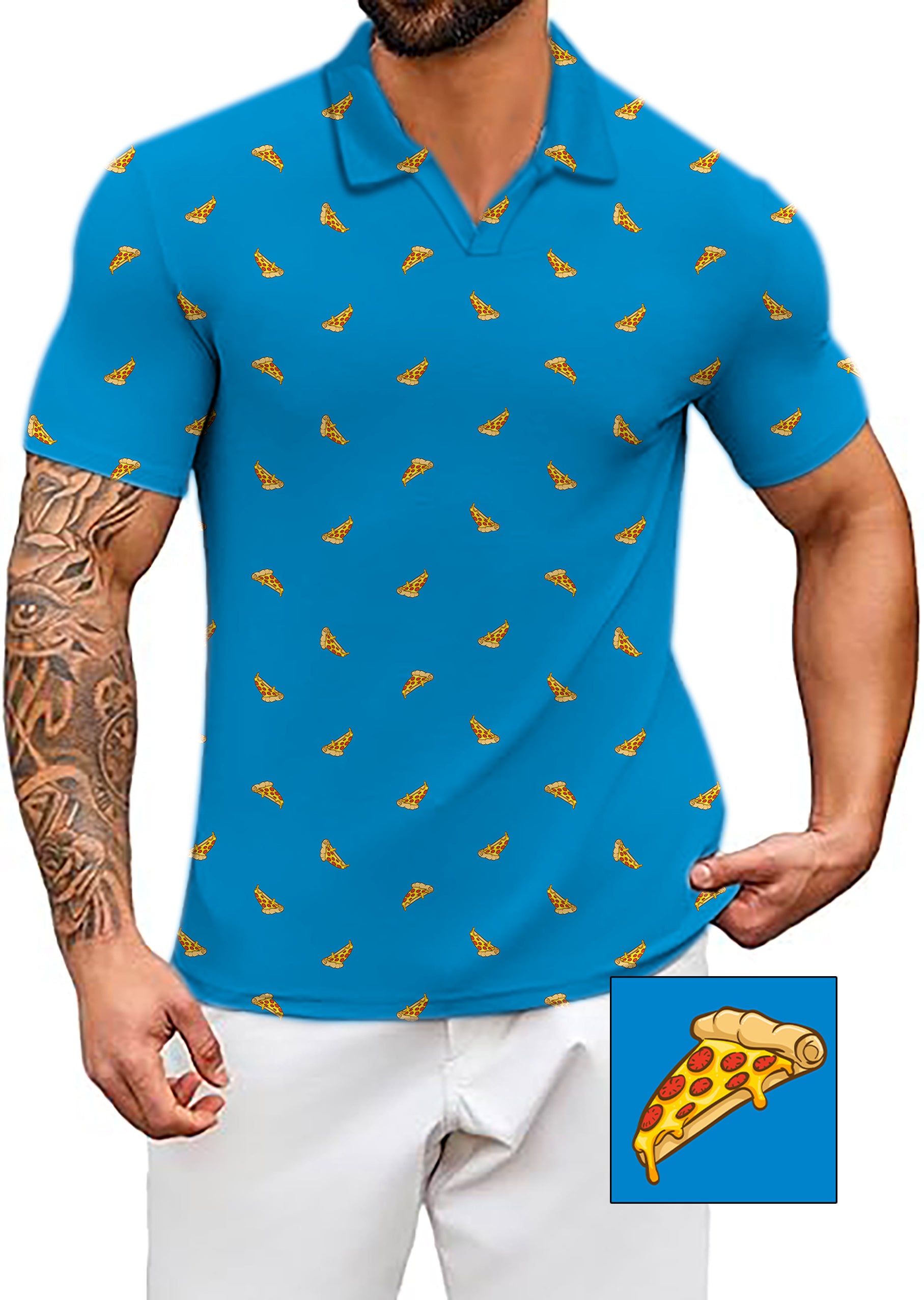 Men's Coconut Palm Delicious White Pizza Custom The Background Color V Neck Golf Polo Shirts
