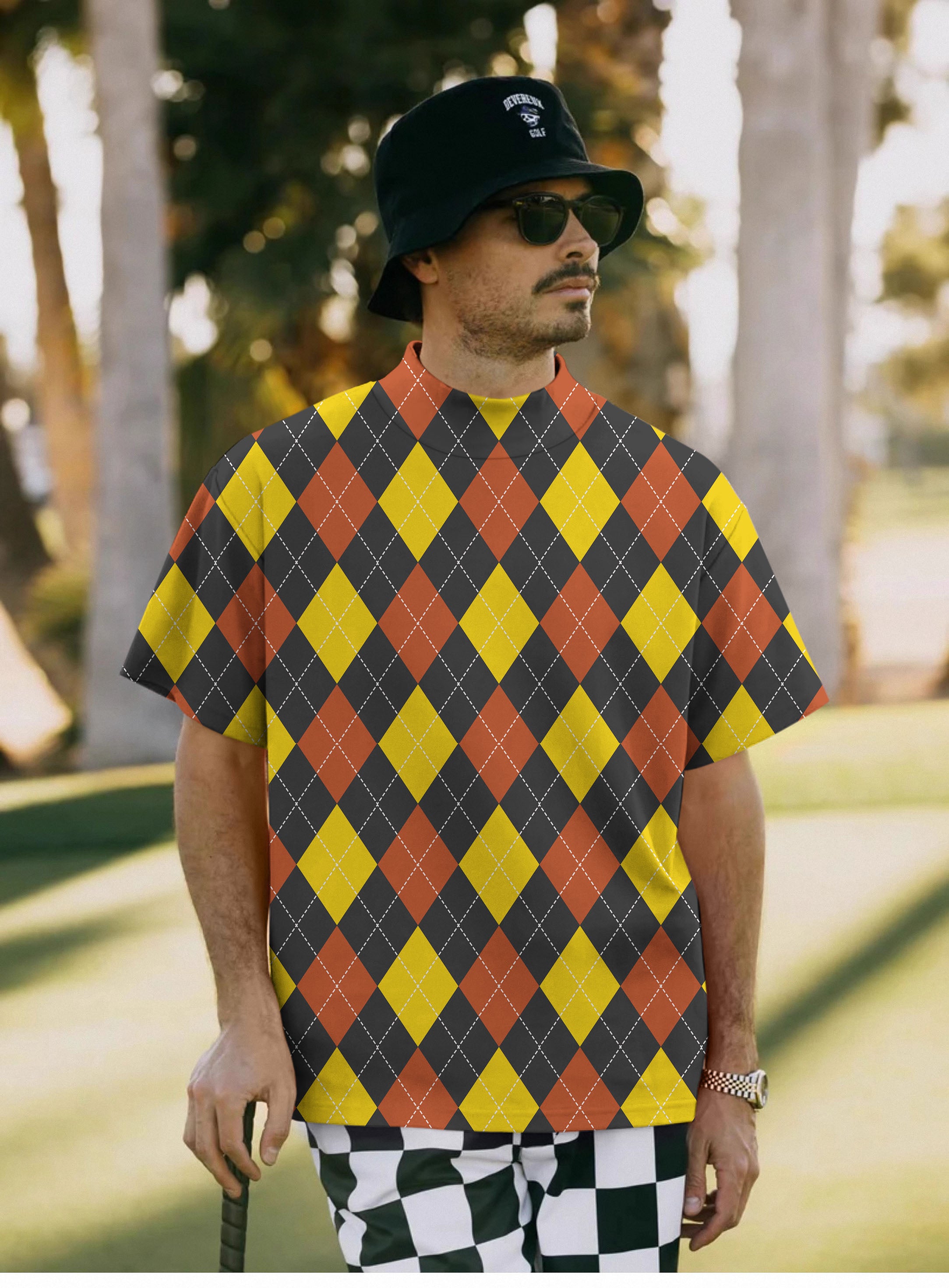 Men's red Argyle Pullover High neck Long/Short sleeve T-Shirt