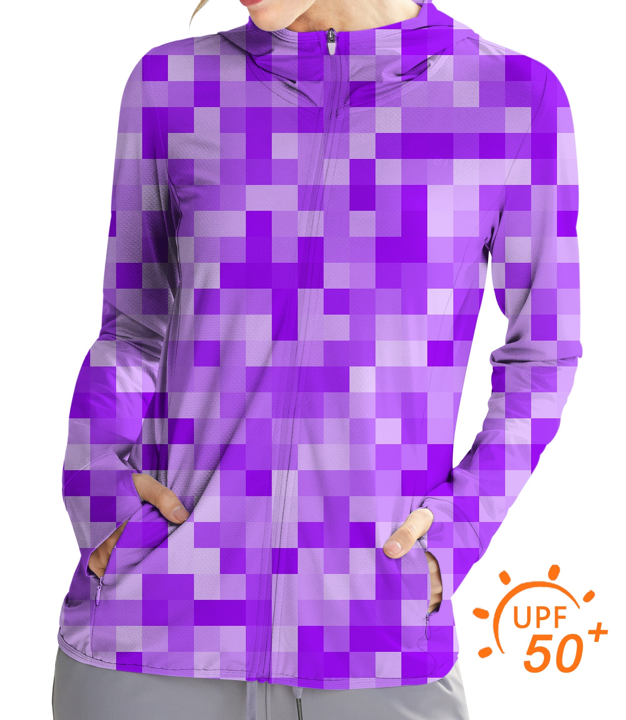 Women's outdoor purple pixel big golf sun protection slim fit zip hoodie with UPF 50+ fabric and thumb holes