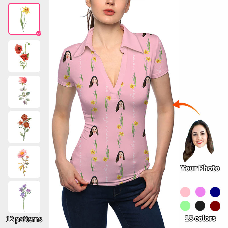 Women's Custom Mother's Day Flowers V Neck Golf Polo
