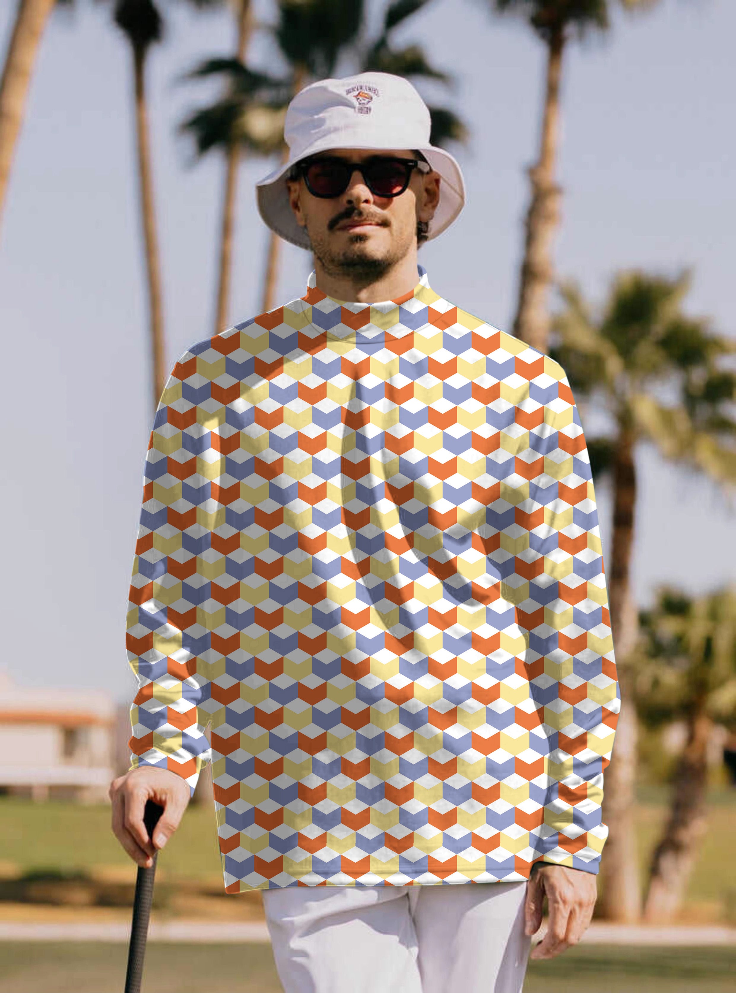 Men's colorful 3d square box Pullover High neck Long/Short sleeve T-Shirt