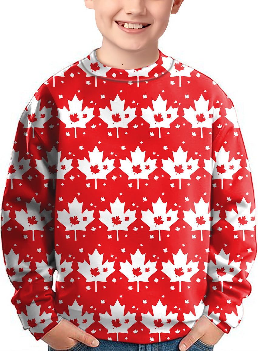 Kids crewneck pullover with Canadian Maple Leaf pattern in red and white