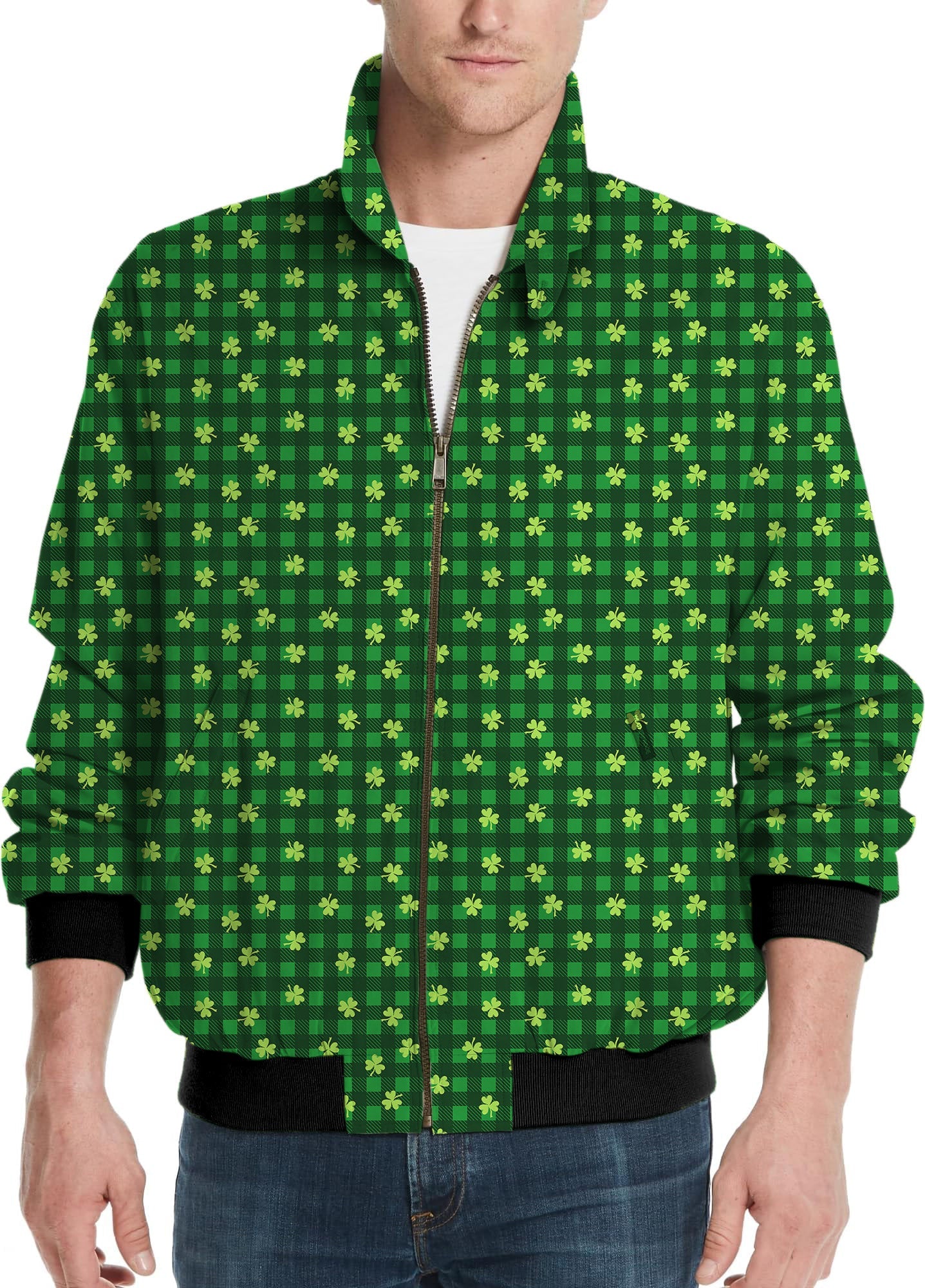 Men's golf windbreaker light jacket with green leaf clover St. Patrick's Day pattern