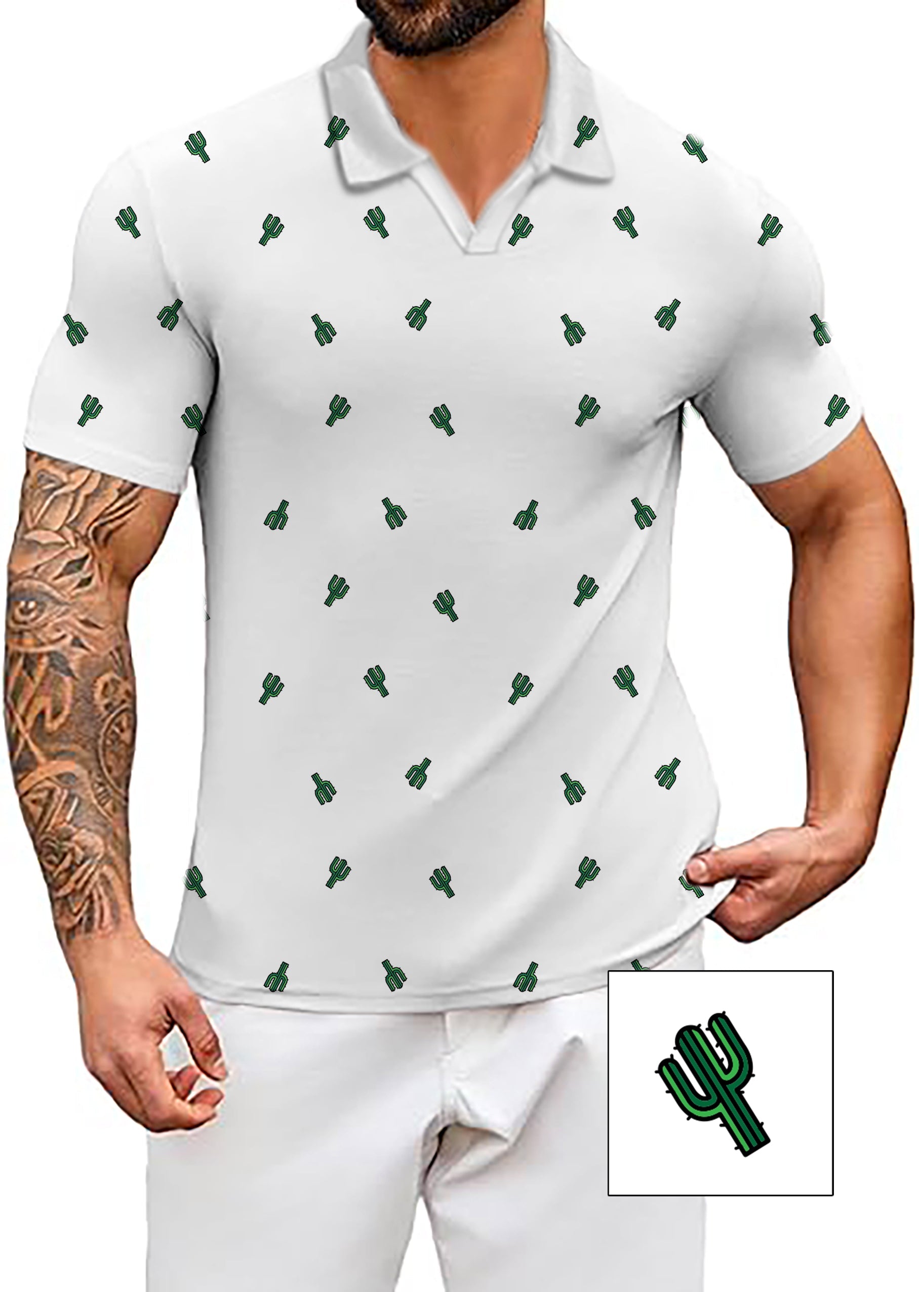 Men's white V-neck golf polo shirt with green cactus print, moisture-wicking and wrinkle-resistant fabric, classic fit, UPF 40+ sun protection.