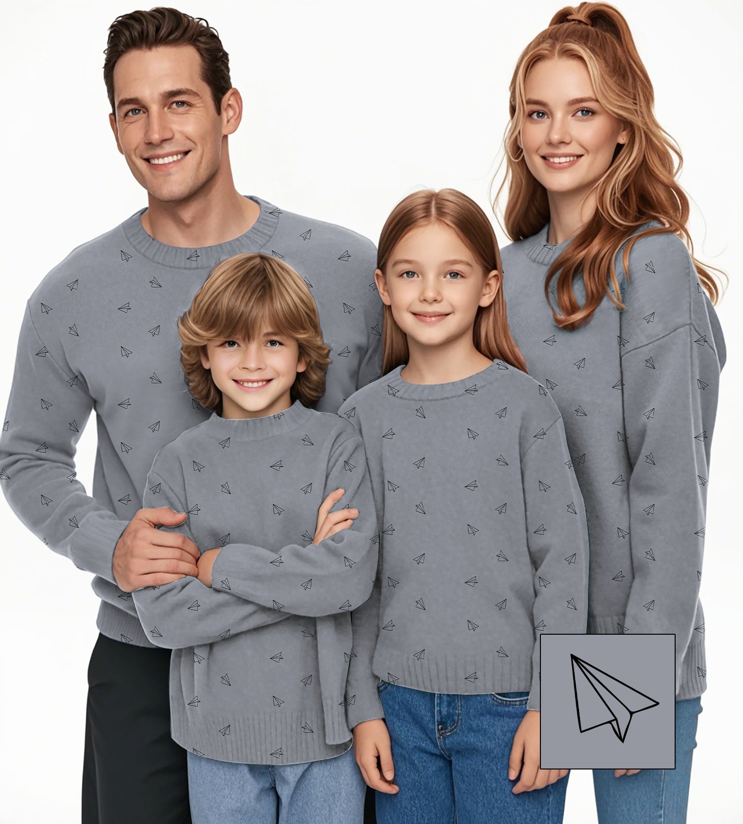 Family wearing matching gray crewneck pullovers with custom paper airplane patterns