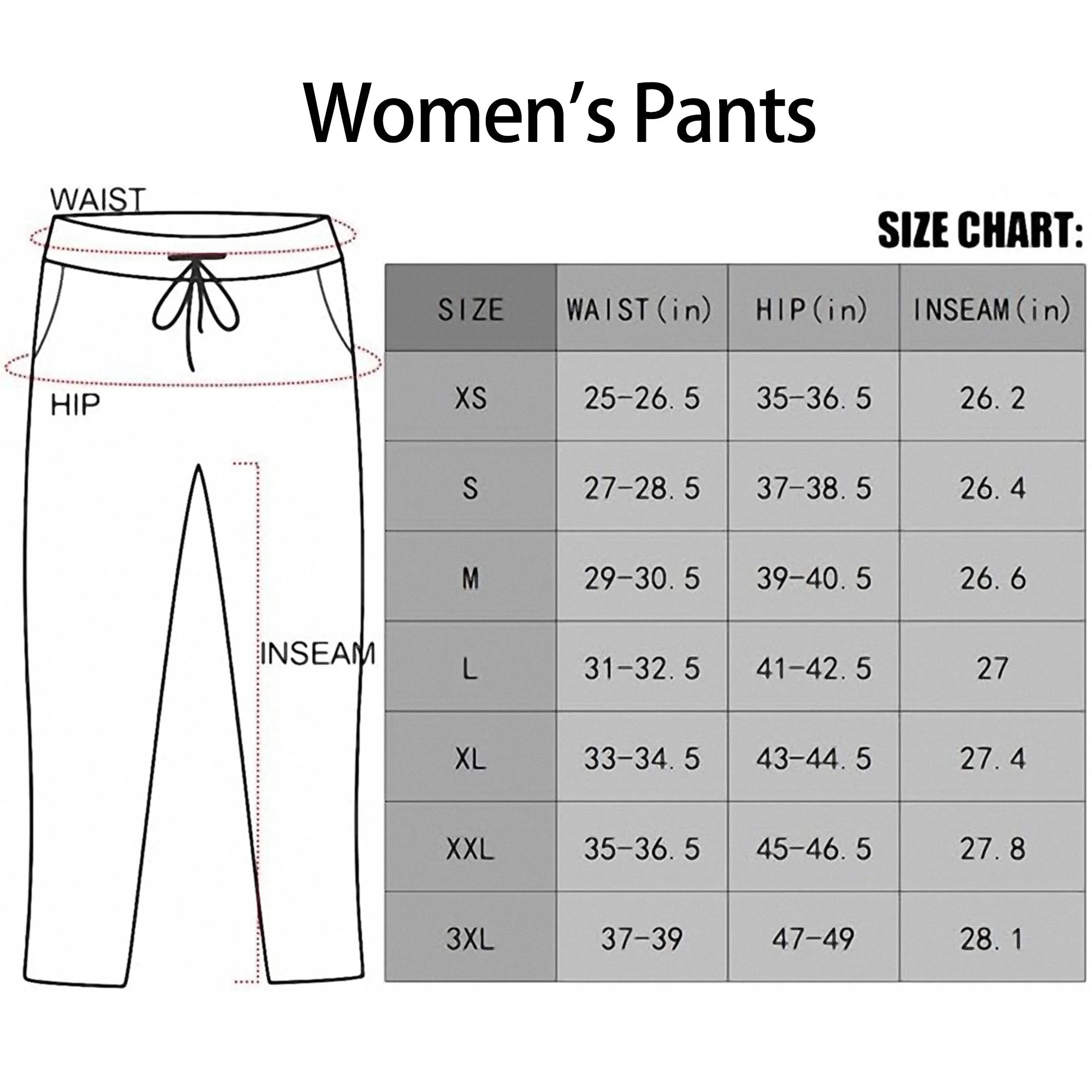 Size chart for women's golf pants with waist, hip, and inseam measurements in inches for XS to 3XL sizes